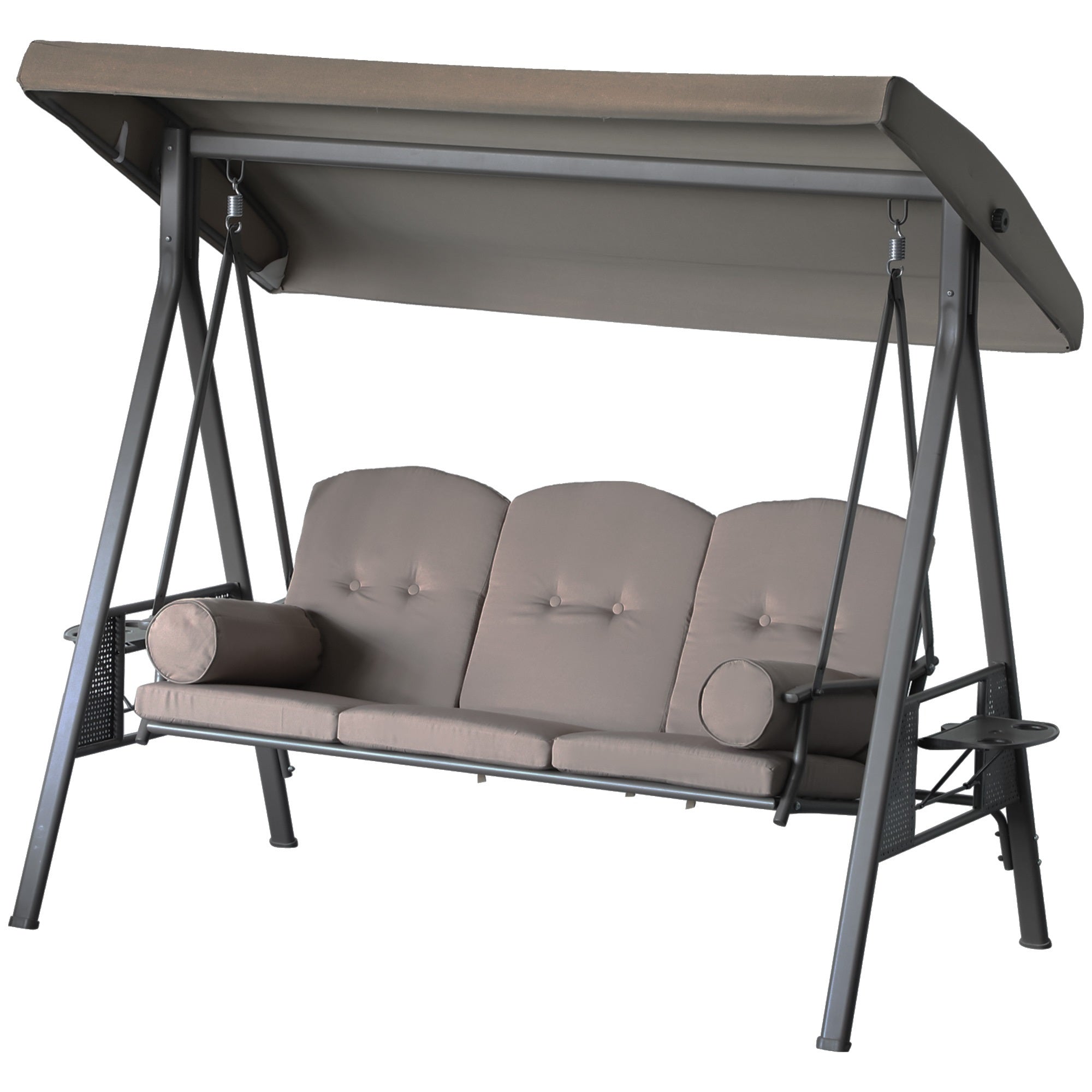 Outsunny 3 Seater Porch Swing Heavy Duty Outdoor Swing Chair Outdoor Lounge Hammock Cushioned Seat w/ Tilt Canopy, Brown