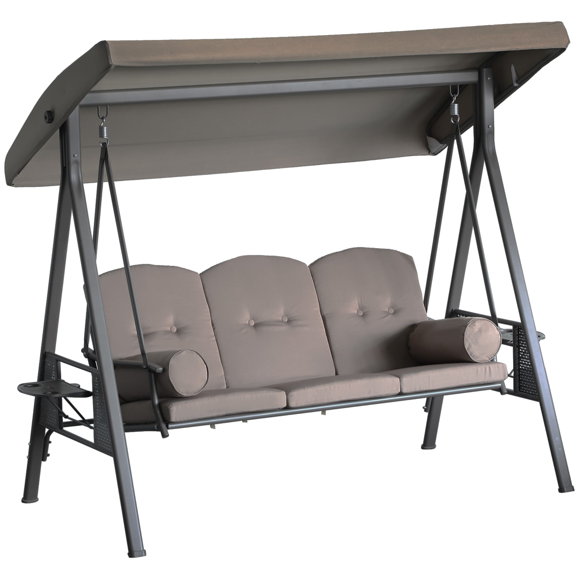 Outsunny 3 Seater Porch Swing Heavy Duty Outdoor Swing Chair Outdoor Lounge Hammock Cushioned Seat w/ Tilt Canopy, Brown