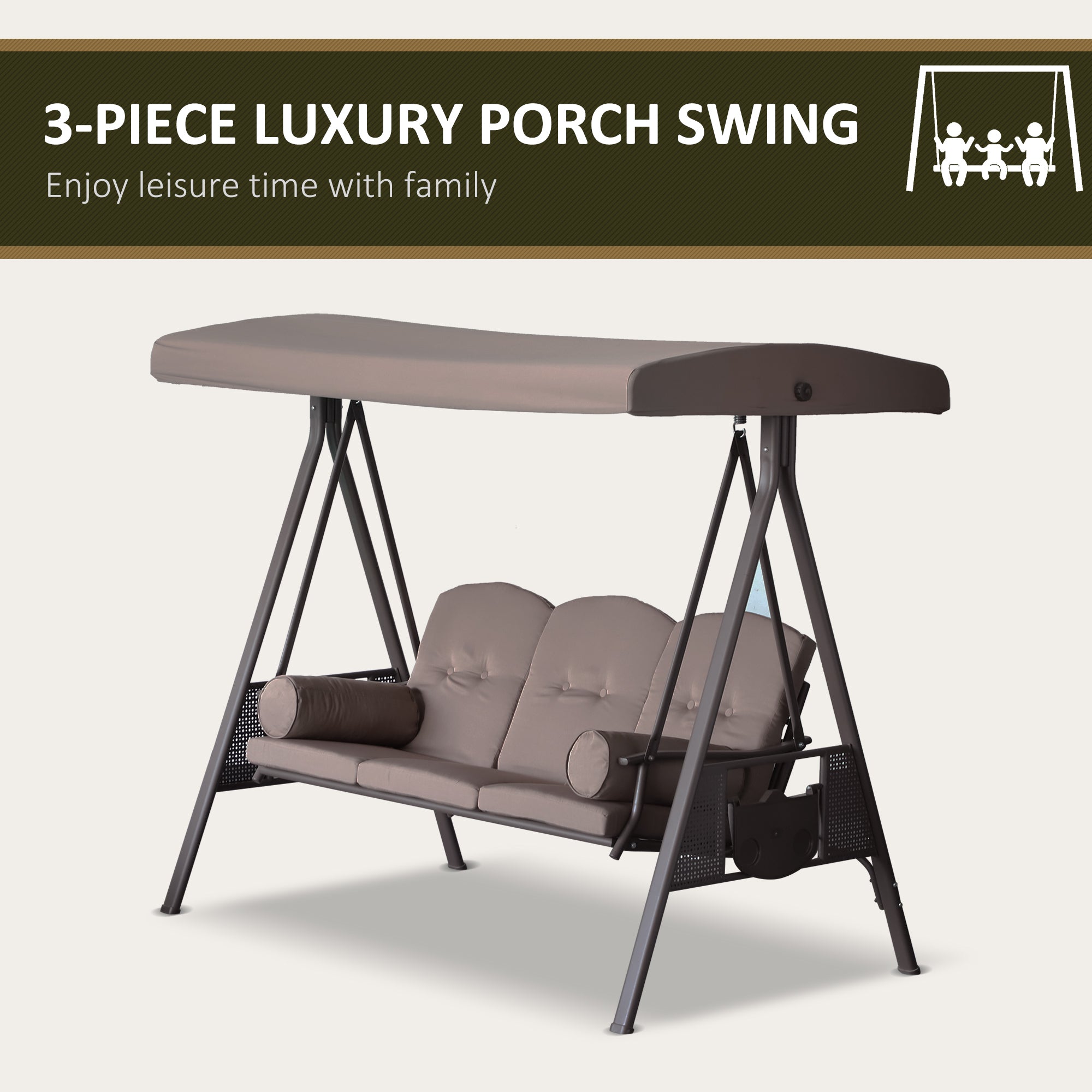 Outsunny 3 Seater Porch Swing Heavy Duty Outdoor Swing Chair Outdoor Lounge Hammock Cushioned Seat w/ Tilt Canopy, Brown