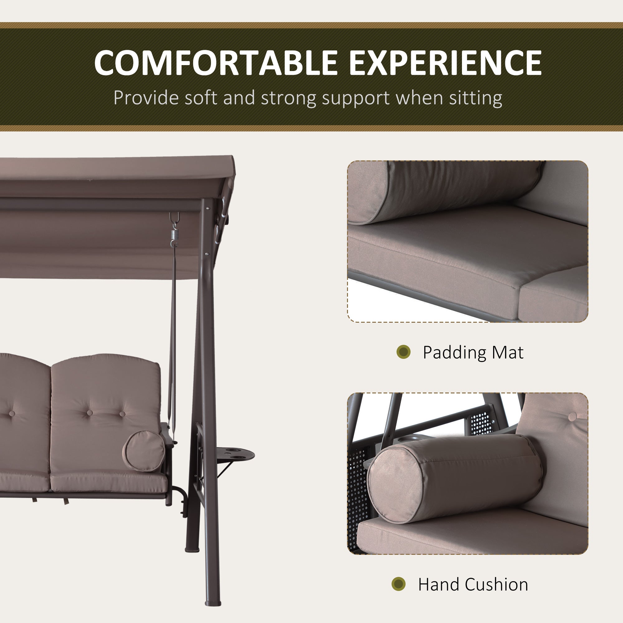 Outsunny 3 Seater Porch Swing Heavy Duty Outdoor Swing Chair Outdoor Lounge Hammock Cushioned Seat w/ Tilt Canopy, Brown