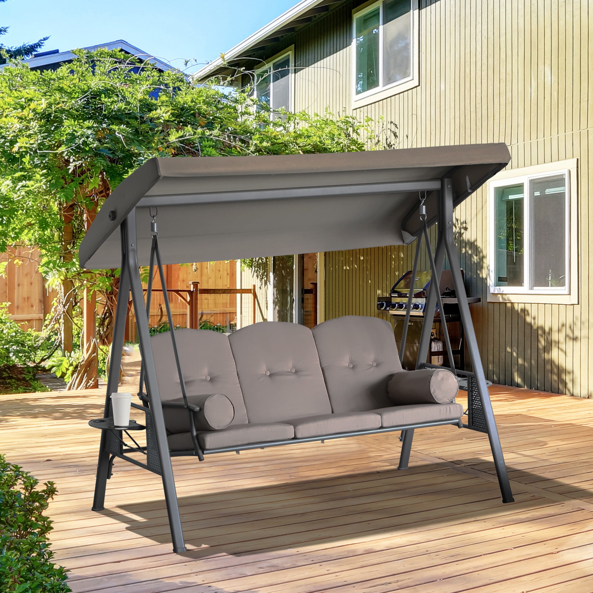 Outsunny 3 Seater Porch Swing Heavy Duty Outdoor Swing Chair Outdoor Lounge Hammock Cushioned Seat w/ Tilt Canopy, Brown