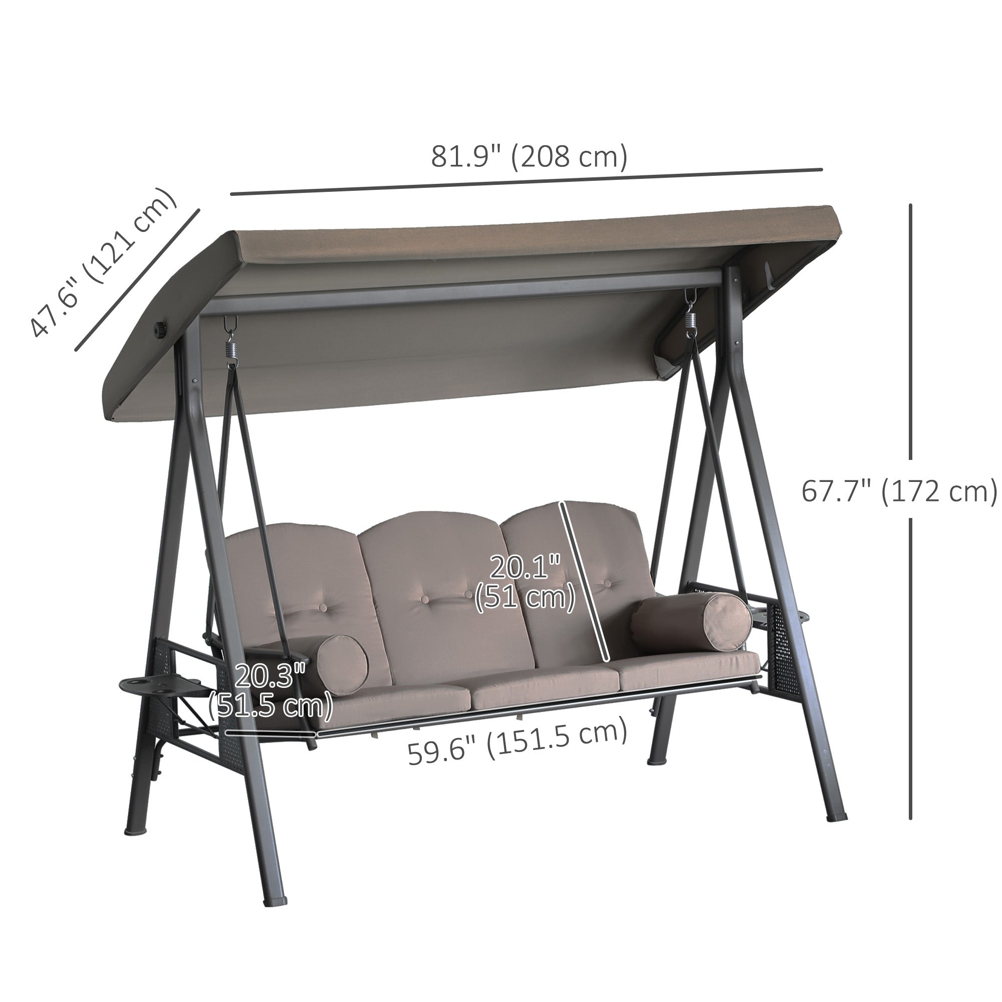 Outsunny 3 Seater Porch Swing Heavy Duty Outdoor Swing Chair Outdoor Lounge Hammock Cushioned Seat w/ Tilt Canopy, Brown