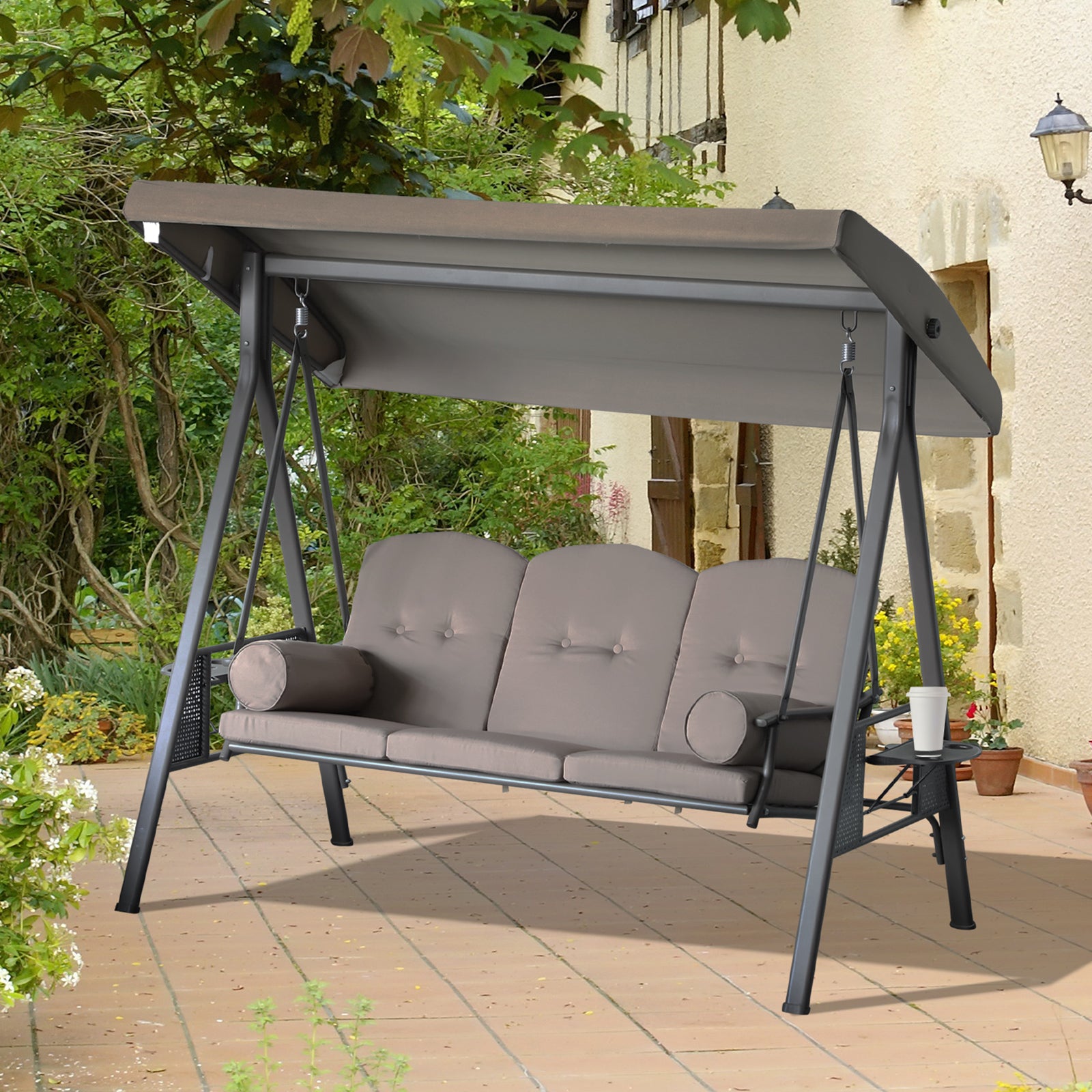 Outsunny 3 Seater Porch Swing Heavy Duty Outdoor Swing Chair Outdoor Lounge Hammock Cushioned Seat w/ Tilt Canopy, Brown
