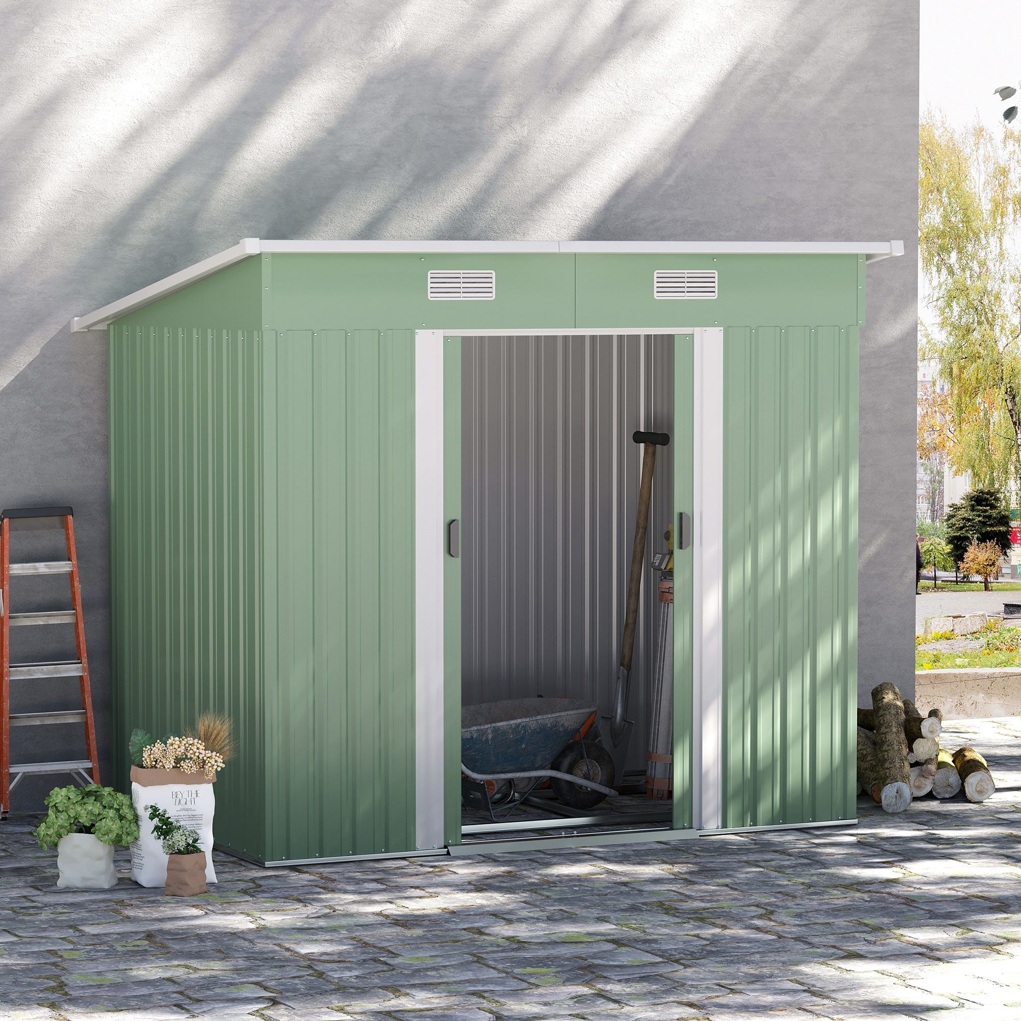 Outsunny 7'x 4' Outdoor Storage Shed, Metal Garden Shed with Lockable Double Doors, Foundation Kit and Vents for Patio, Backyard, Tool Storage, Light Green