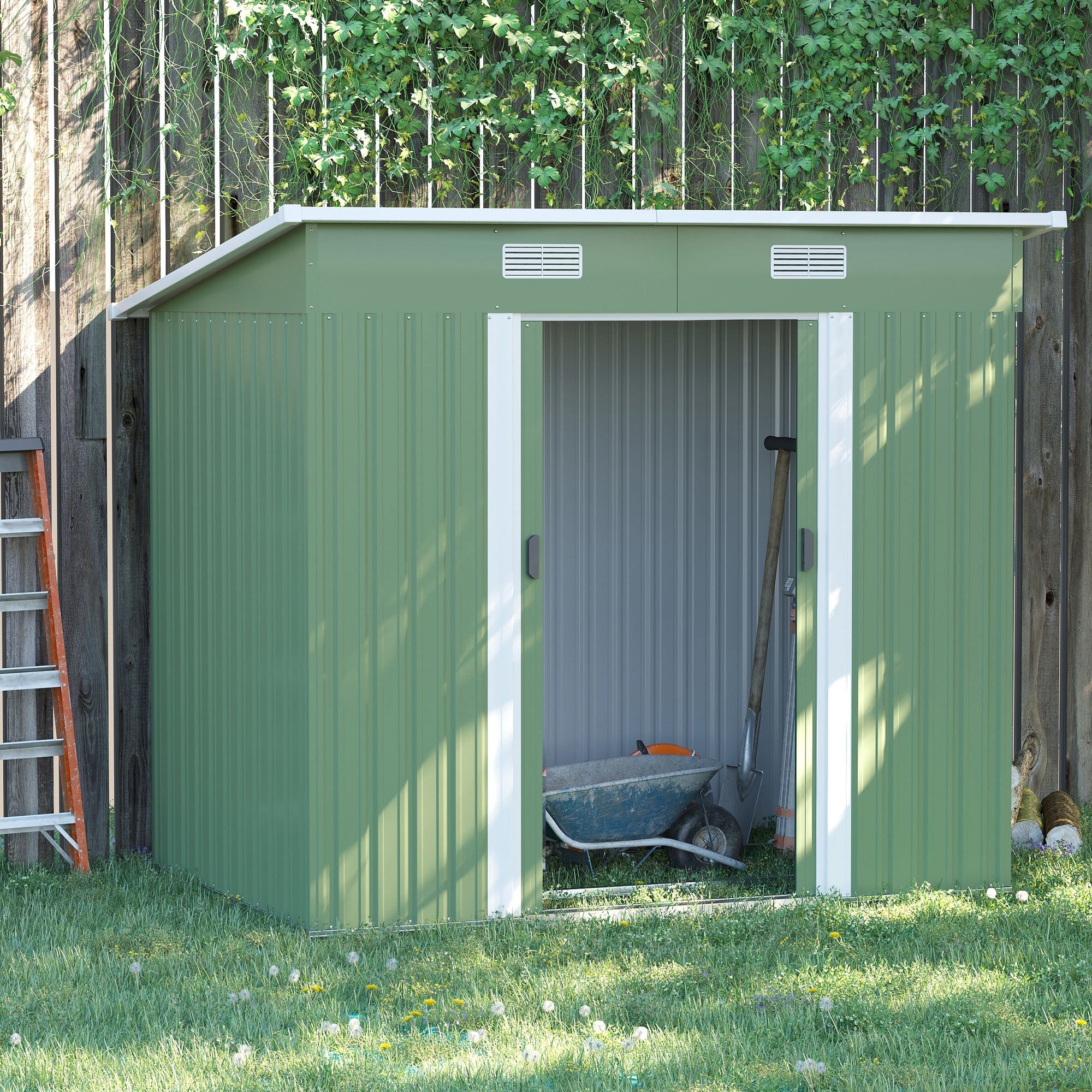 Outsunny 7'x 4' Outdoor Storage Shed, Metal Garden Shed with Lockable Double Doors, Foundation Kit and Vents for Patio, Backyard, Tool Storage, Light Green