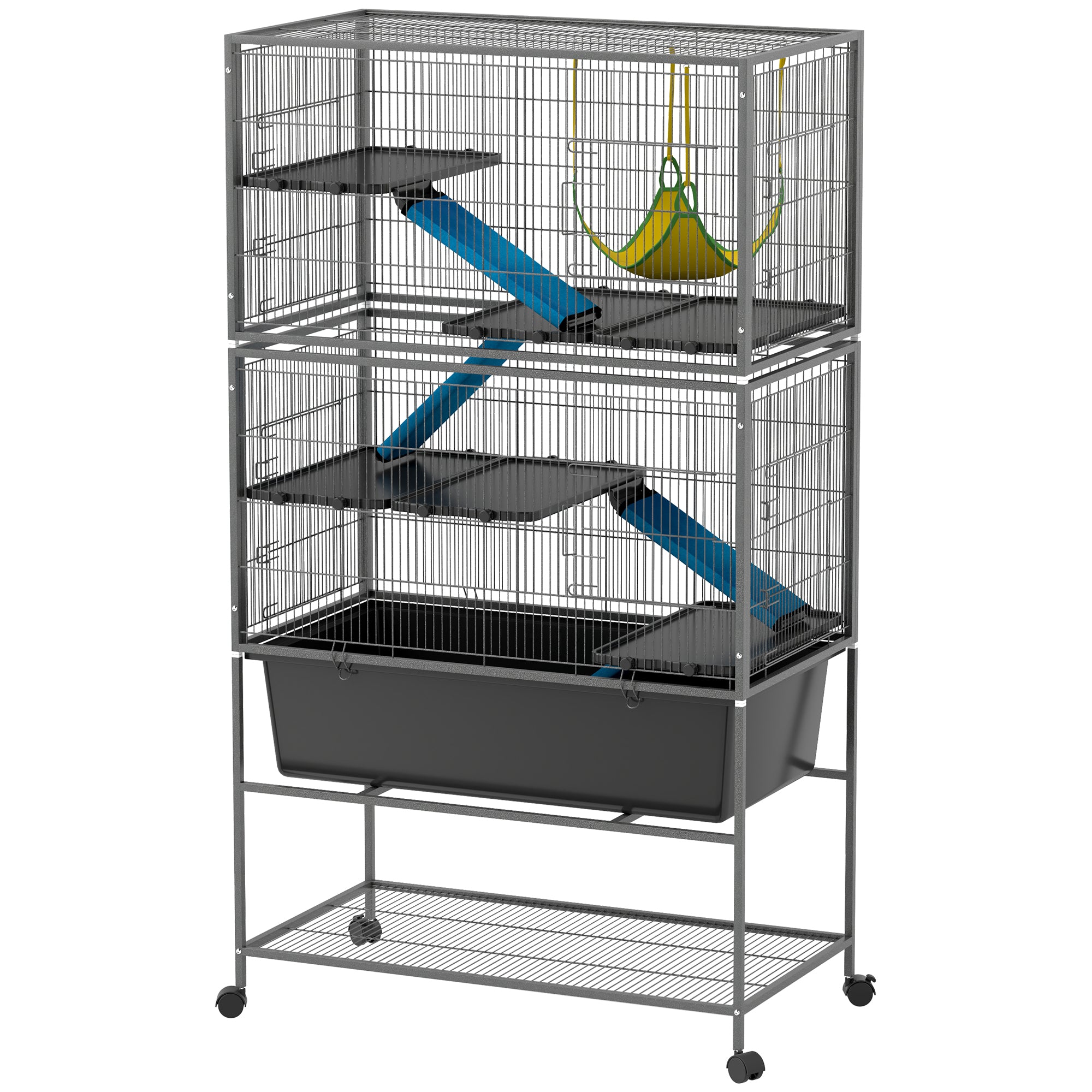 PawHut 5 Levels Rabbit Cage, Rolling Rat Cage with Slide Out 16cm Deep Tray, Non Slip Cloth Covered Ramps, Hammock, for Bunny, Pet Mink, Chinchillas, Squirrel, 88 x 48 x 150.5cm, Dark Grey