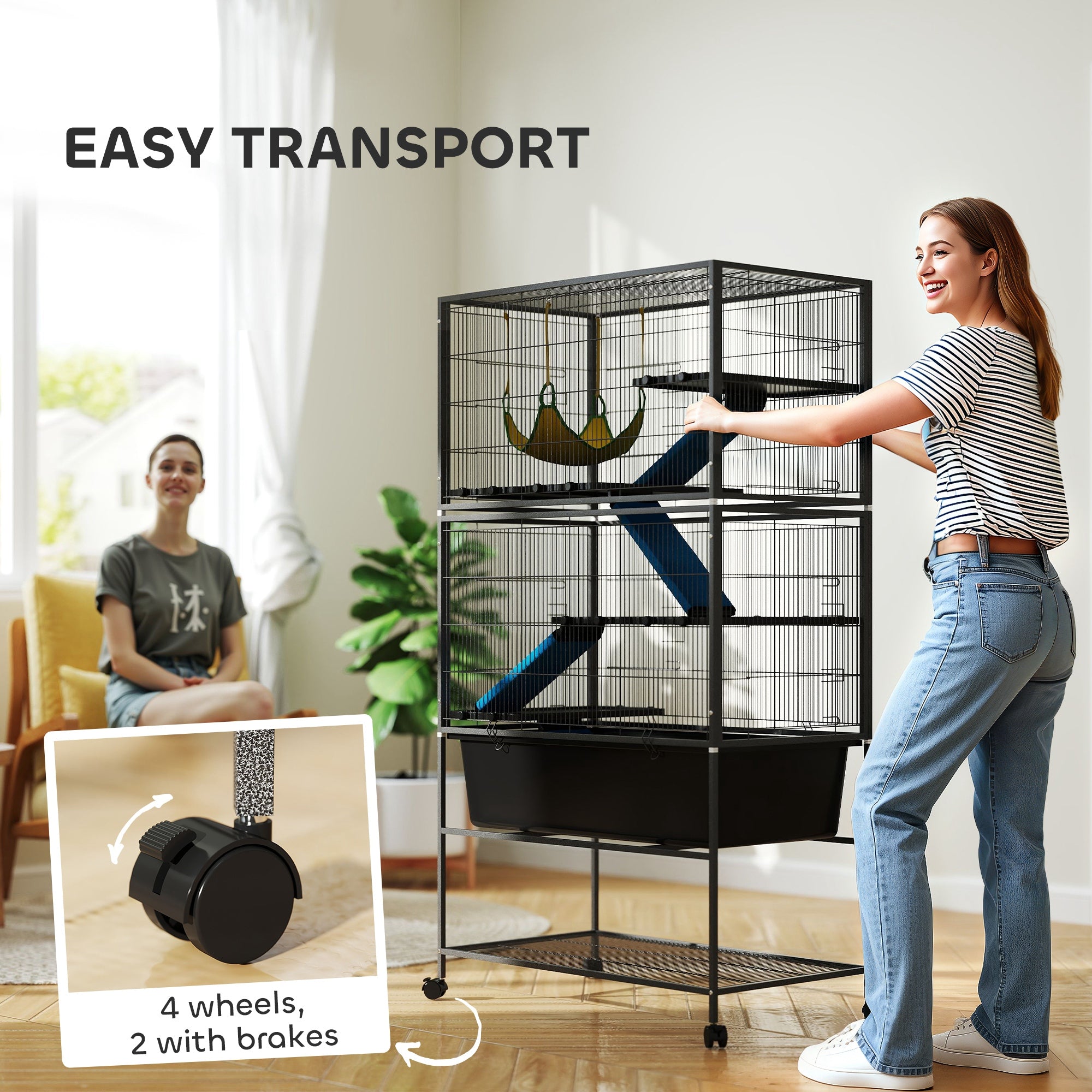 PawHut 5 Levels Rabbit Cage, Rolling Rat Cage with Slide Out 16cm Deep Tray, Non Slip Cloth Covered Ramps, Hammock, for Bunny, Pet Mink, Chinchillas, Squirrel, 88 x 48 x 150.5cm, Dark Grey