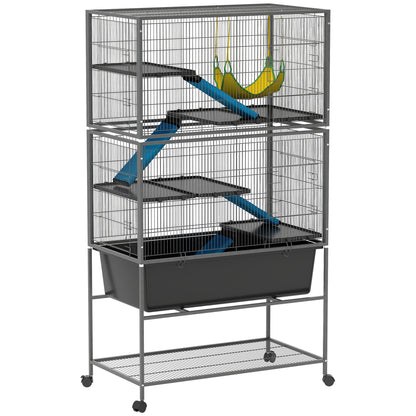 PawHut 5 Levels Rabbit Cage, Rolling Rat Cage with Slide Out 16cm Deep Tray, Non Slip Cloth Covered Ramps, Hammock, for Bunny, Pet Mink, Chinchillas, Squirrel, 88 x 48 x 150.5cm, Dark Grey