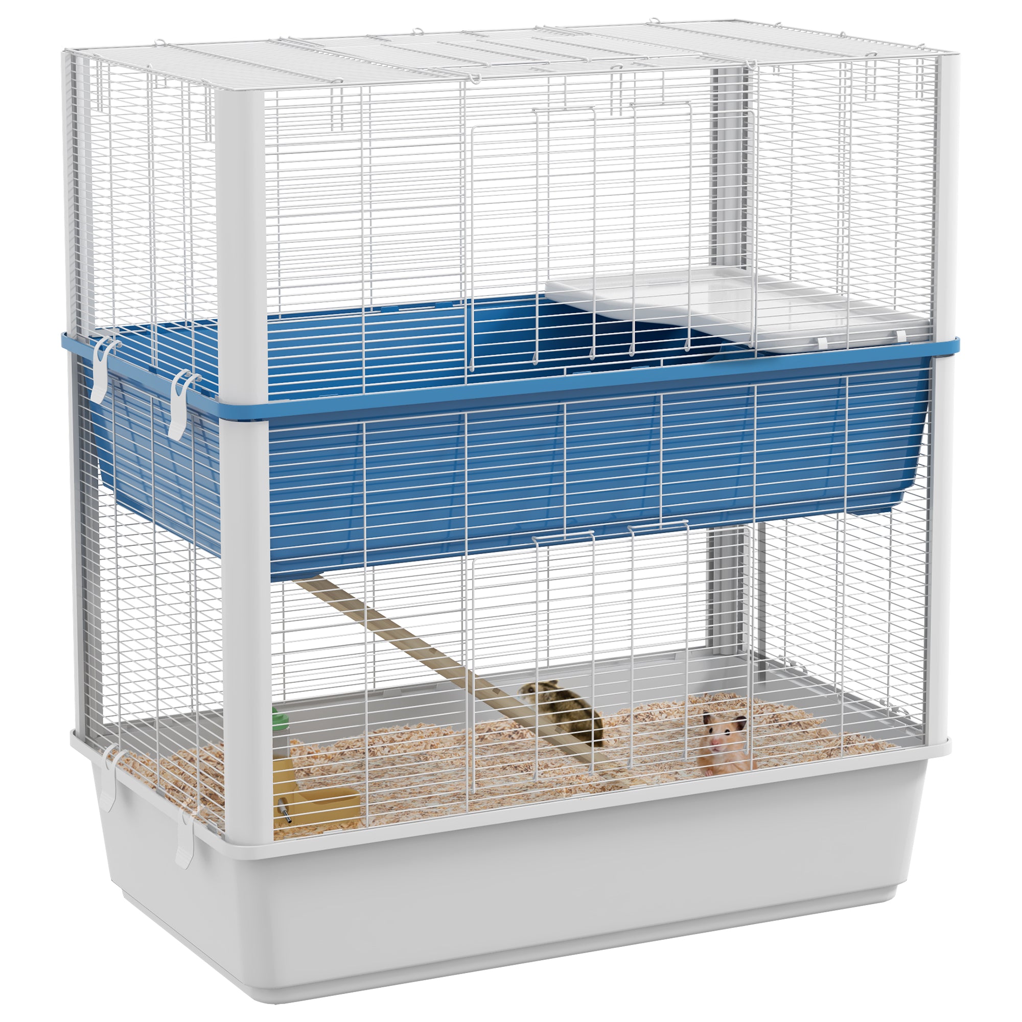 PawHut Large Hamster Cage with Accessories, Rat Cage Gerbil Habitat with Detachable Bottom, Ramps, Platform, Food Bowl, Water Bottle, 31