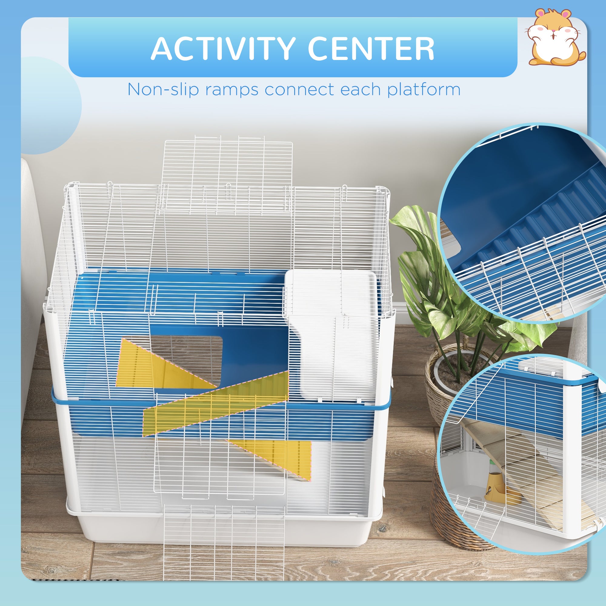 PawHut Large Hamster Cage with Accessories, Rat Cage Gerbil Habitat with Detachable Bottom, Ramps, Platform, Food Bowl, Water Bottle, 31" x 18" x 35"