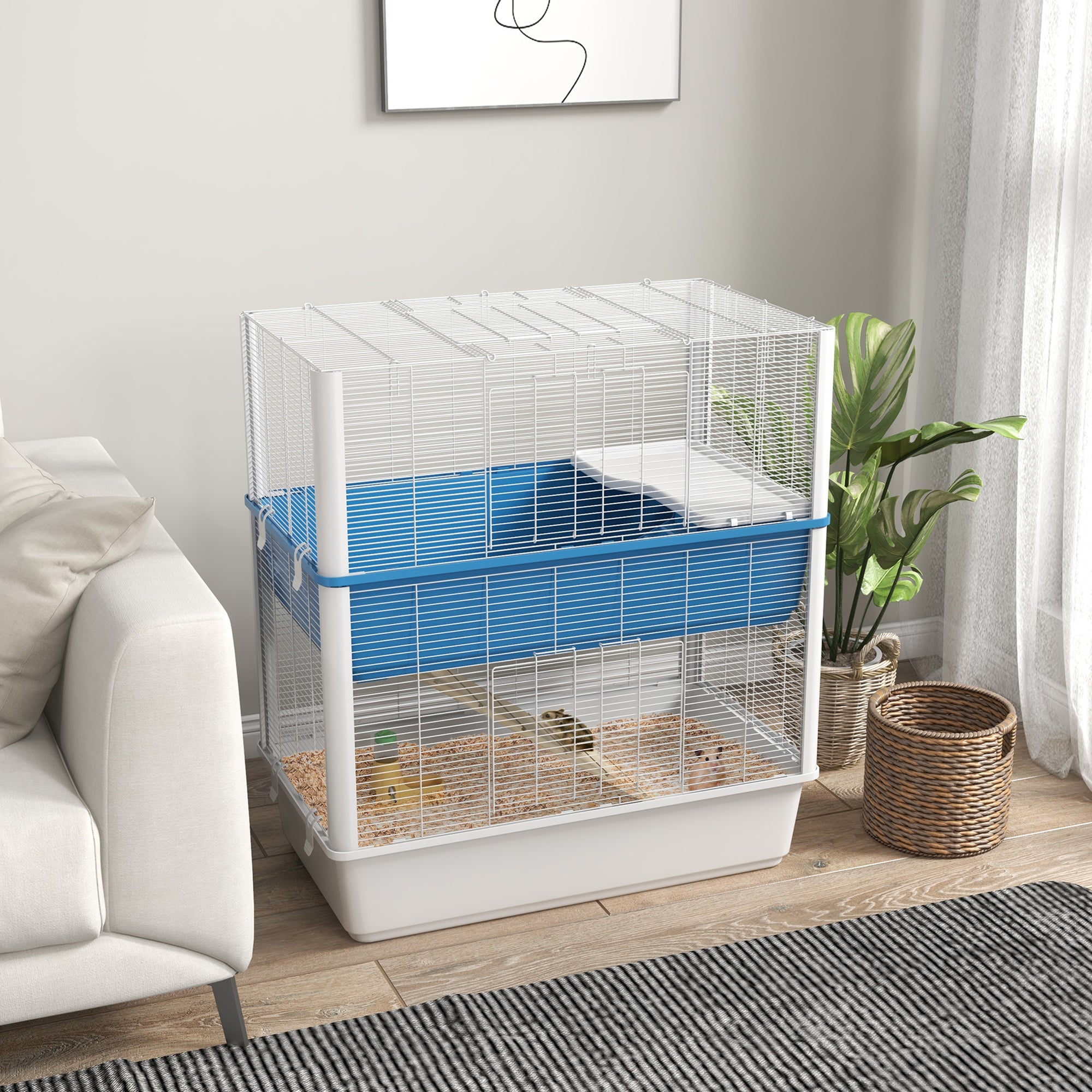 PawHut Large Hamster Cage with Accessories, Rat Cage Gerbil Habitat with Detachable Bottom, Ramps, Platform, Food Bowl, Water Bottle, 31" x 18" x 35"