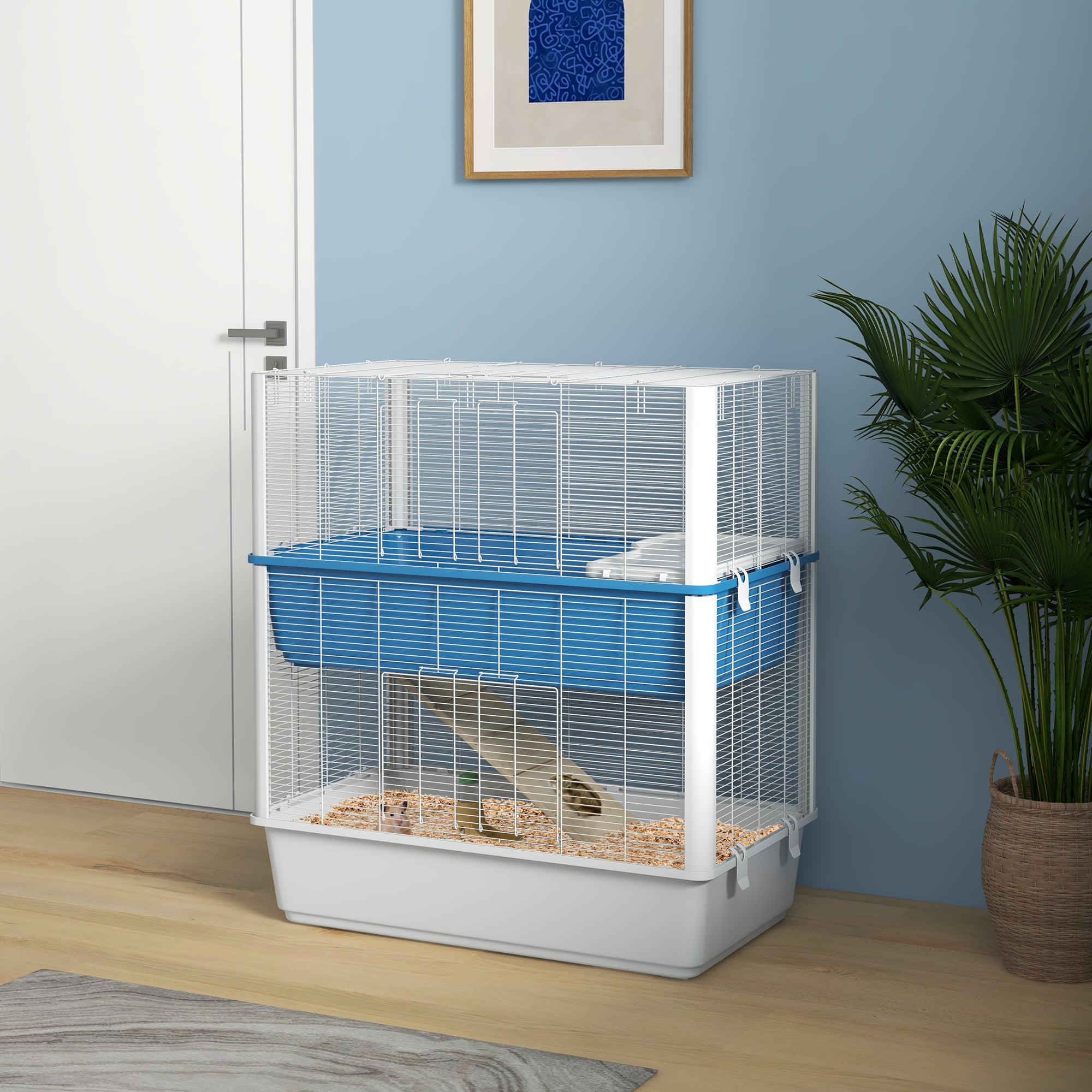 PawHut Large Hamster Cage with Accessories, Rat Cage Gerbil Habitat with Detachable Bottom, Ramps, Platform, Food Bowl, Water Bottle, 31" x 18" x 35"