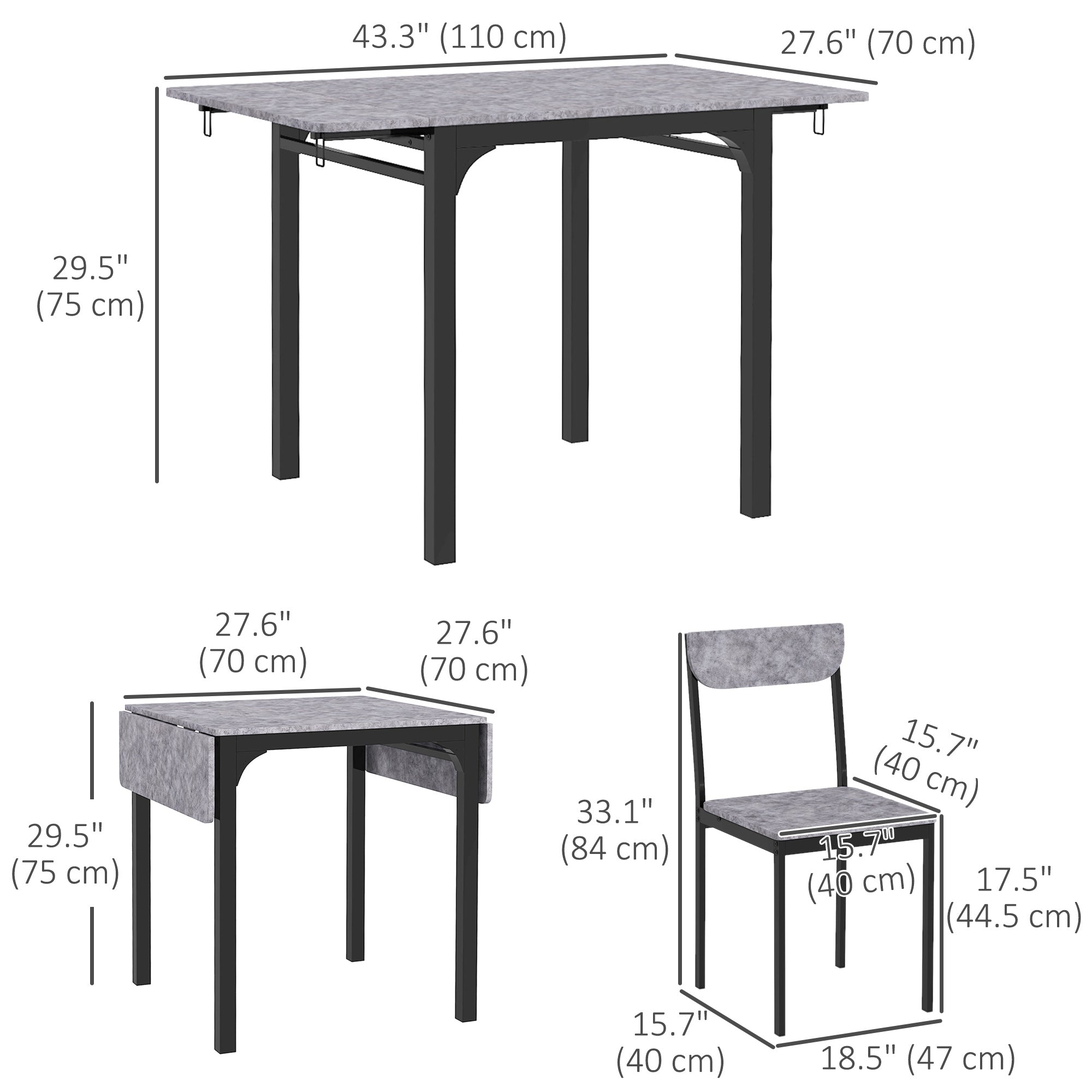 HOMCOM Dining Table Set for 2, 3-Piece Kitchen Table Set for 2, Folding Rectangular Dining Table with 2 Drop Leaves, 2 Chairs for Dining Room, Dinette, Breakfast Nook, Light Grey