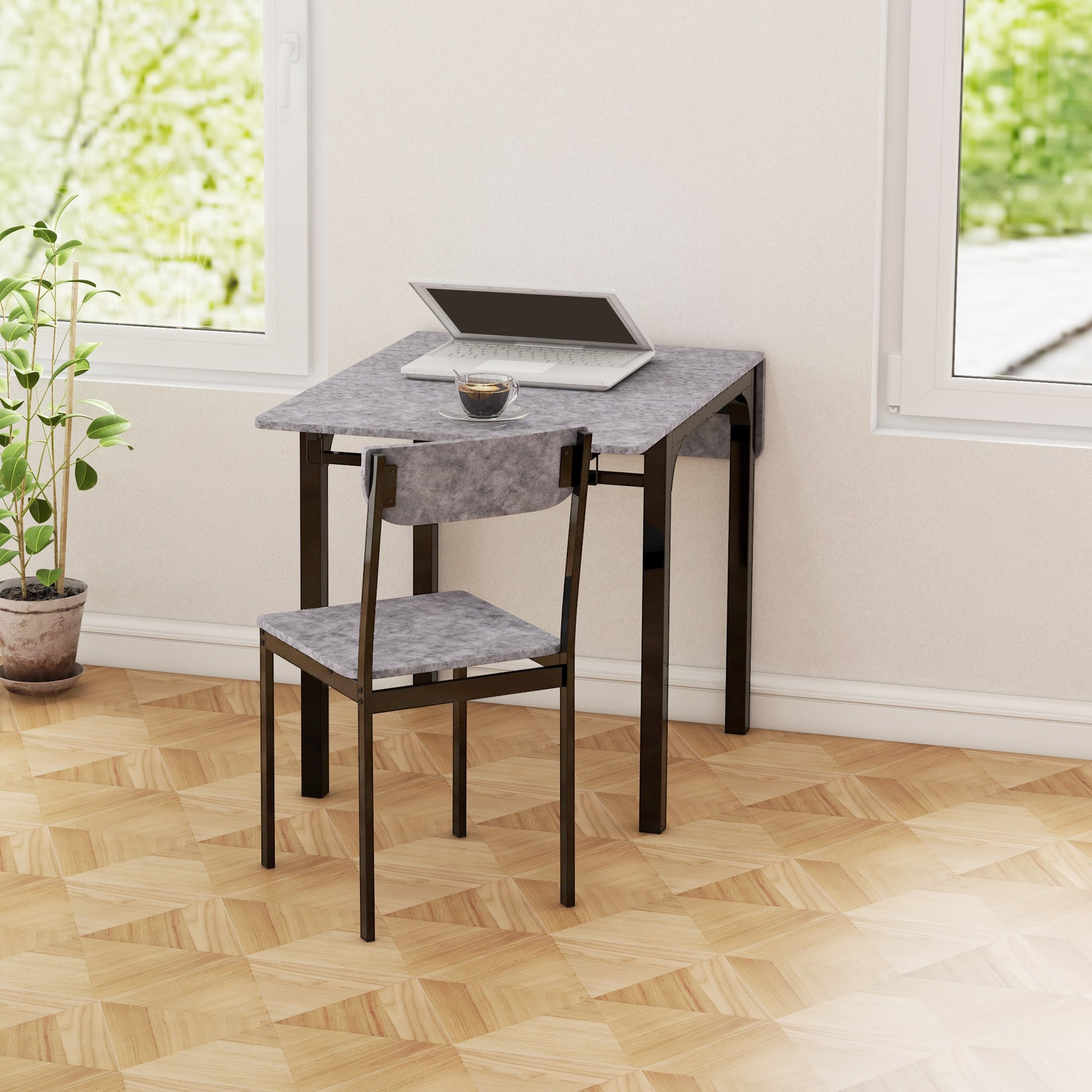 HOMCOM Dining Table Set for 2, 3-Piece Kitchen Table Set for 2, Folding Rectangular Dining Table with 2 Drop Leaves, 2 Chairs for Dining Room, Dinette, Breakfast Nook, Light Grey