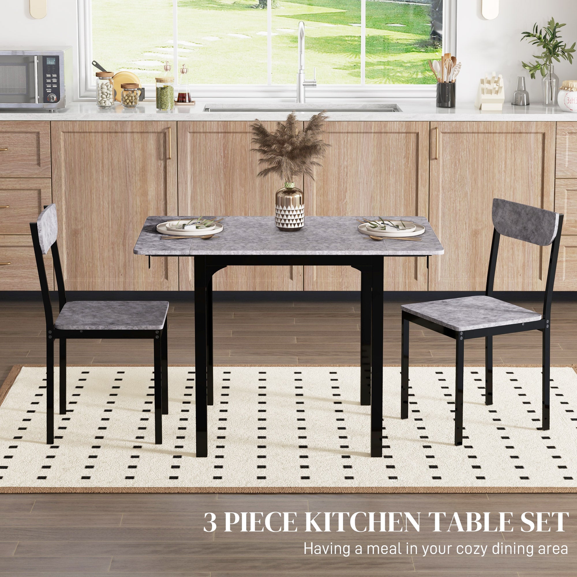 HOMCOM Dining Table Set for 2, 3-Piece Kitchen Table Set for 2, Folding Rectangular Dining Table with 2 Drop Leaves, 2 Chairs for Dining Room, Dinette, Breakfast Nook, Light Grey