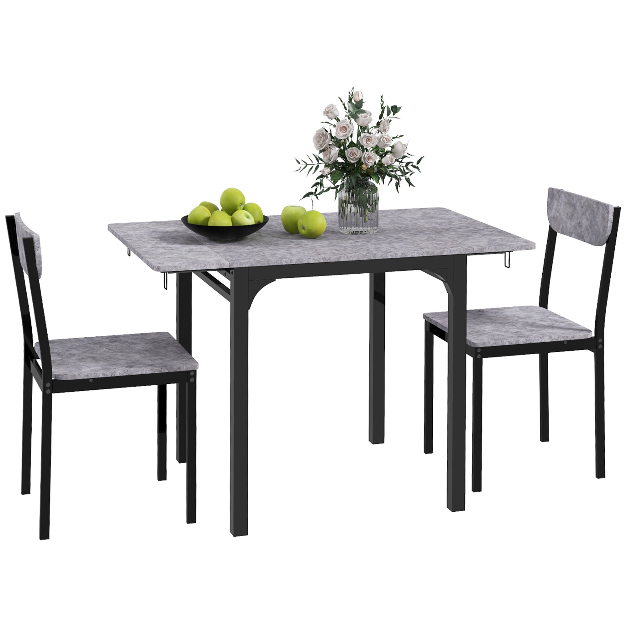 HOMCOM Dining Table Set for 2, 3-Piece Kitchen Table Set for 2, Folding Rectangular Dining Table with 2 Drop Leaves, 2 Chairs for Dining Room, Dinette, Breakfast Nook, Light Grey