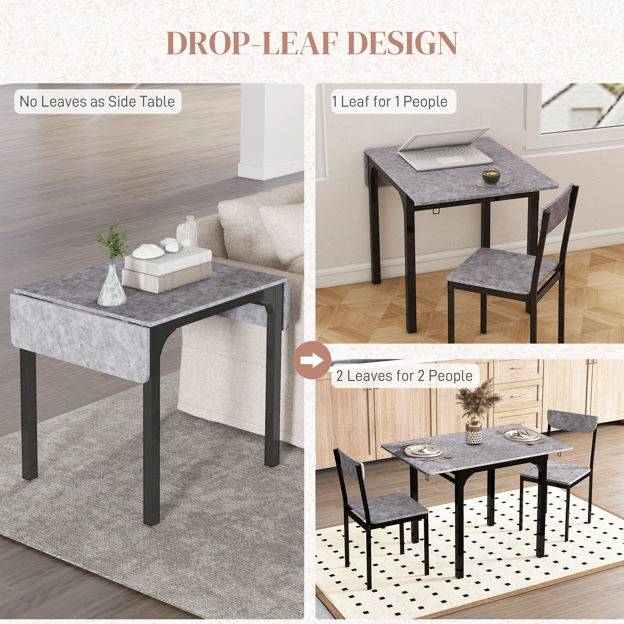 HOMCOM Dining Table Set for 2, 3-Piece Kitchen Table Set for 2, Folding Rectangular Dining Table with 2 Drop Leaves, 2 Chairs for Dining Room, Dinette, Breakfast Nook, Light Grey