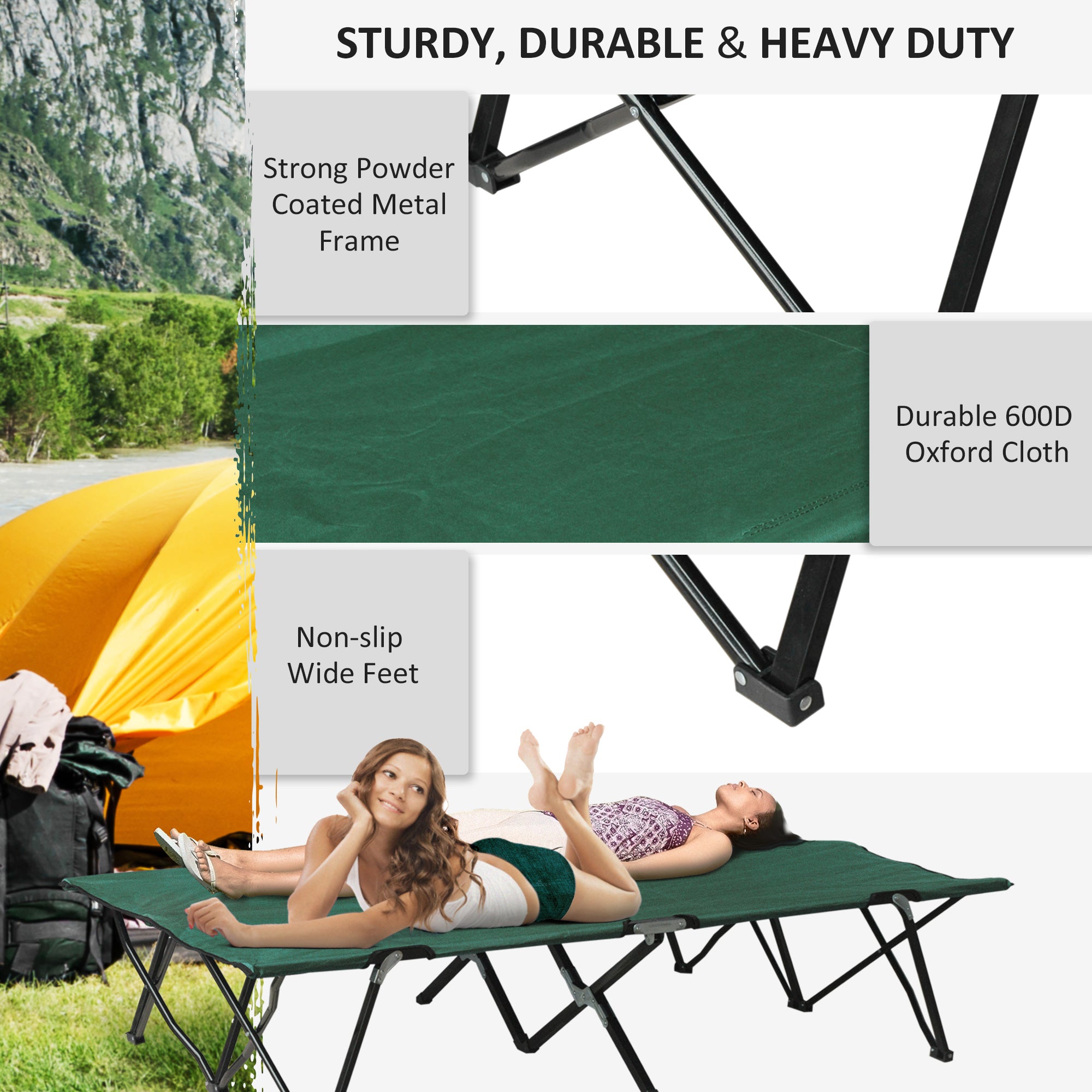 Outsunny 76" Two Person Folding Camping Cot Outdoor Portable Double Cot Wide Military Sleeping Bed w/ Carrying Bag Green