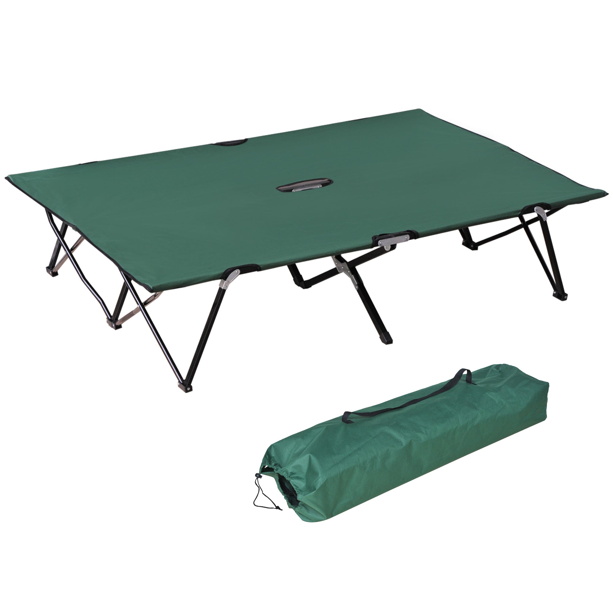 Outsunny 76" Two Person Folding Camping Cot Outdoor Portable Double Cot Wide Military Sleeping Bed w/ Carrying Bag Green