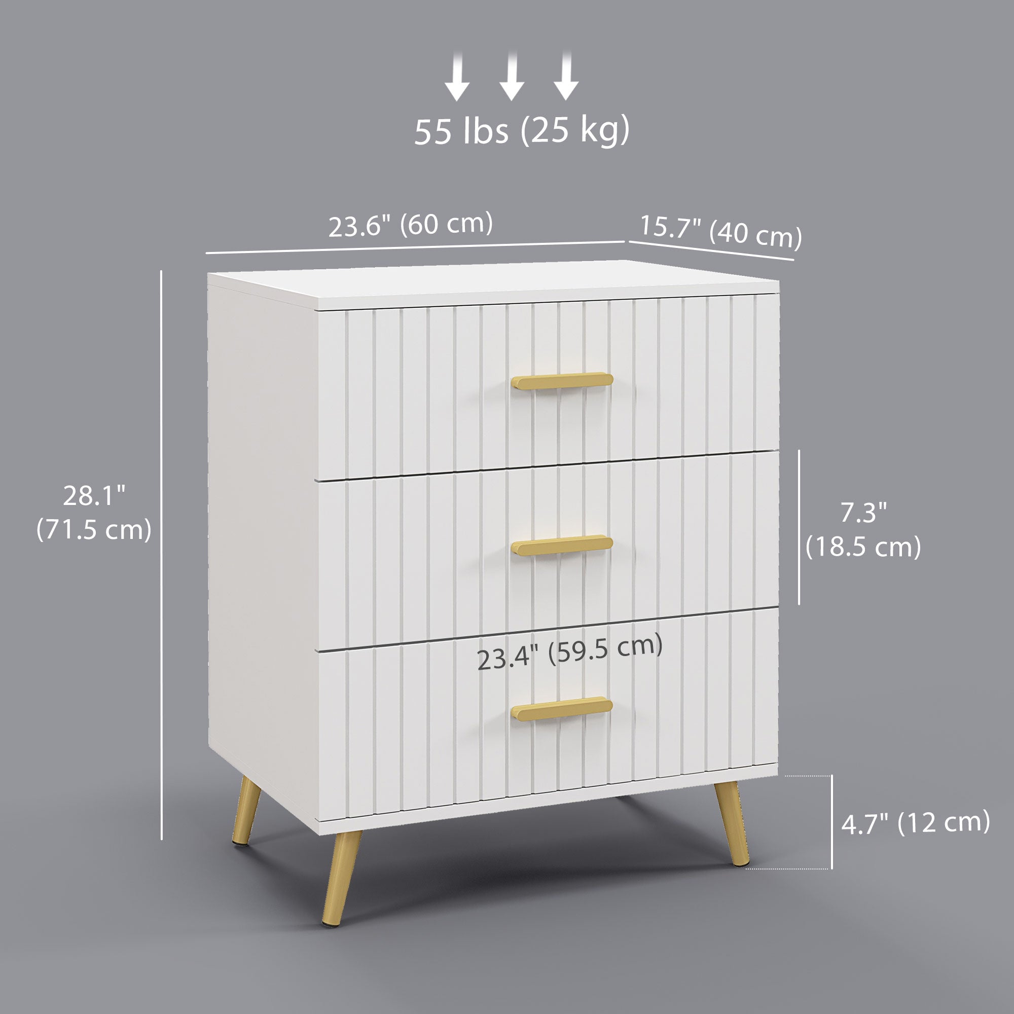 HOMCOM Bedroom Chest of Drawers, Modern 3-Drawer Dresser, Storage Drawer Unit with Aluminium Legs, White