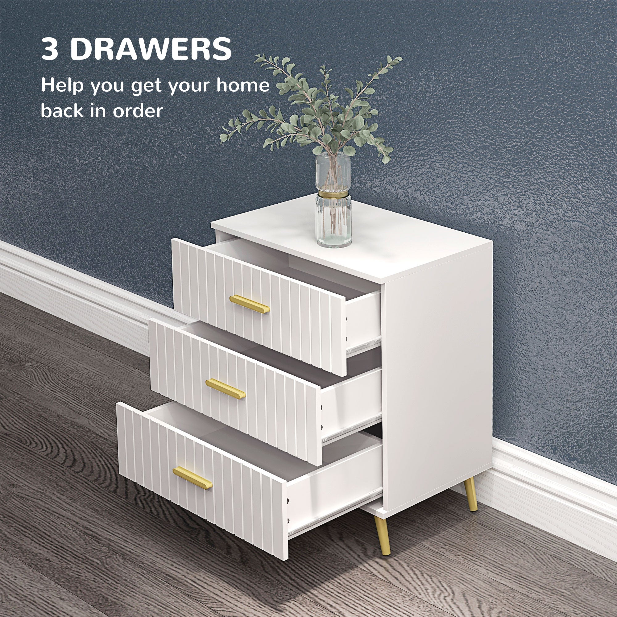 HOMCOM Bedroom Chest of Drawers, Modern 3-Drawer Dresser, Storage Drawer Unit with Aluminium Legs, White