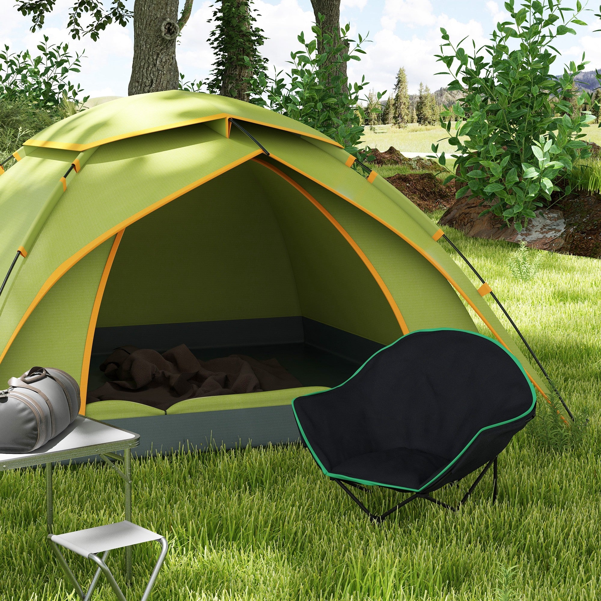 Outsunny Foldable Camping Chair Padded Moon Saucer Chair with Carry Bag, Storage Pocket for Outdoor, Beach, Picnic, Hiking, Fishing, Travel