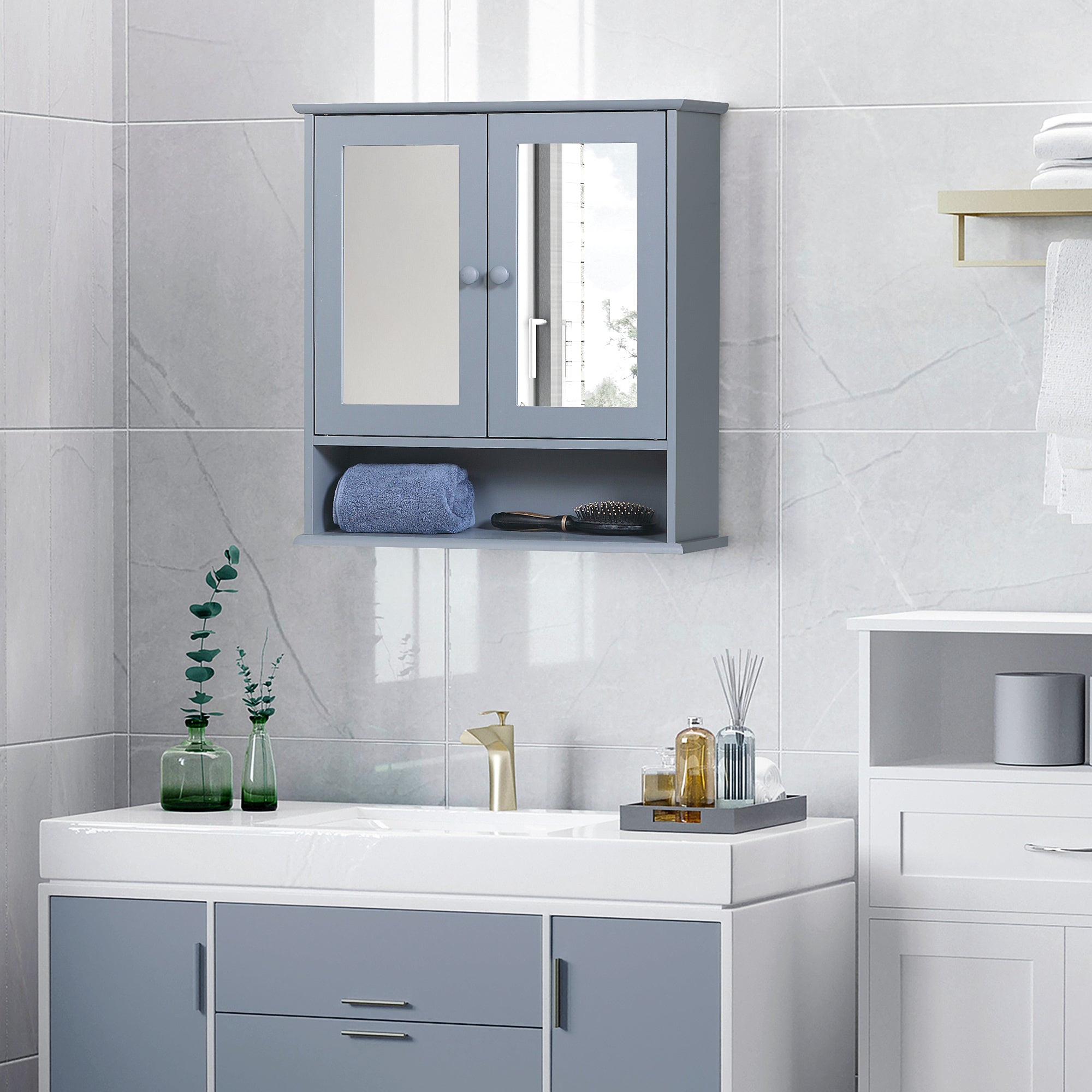 kleankin Medicine Cabinet, Wall-Mounted Bathroom Mirror Cabinet with Double Doors, Open Shelf, and Adjustable Shelf, Modern Bathroom Wall Cabinet, Grey