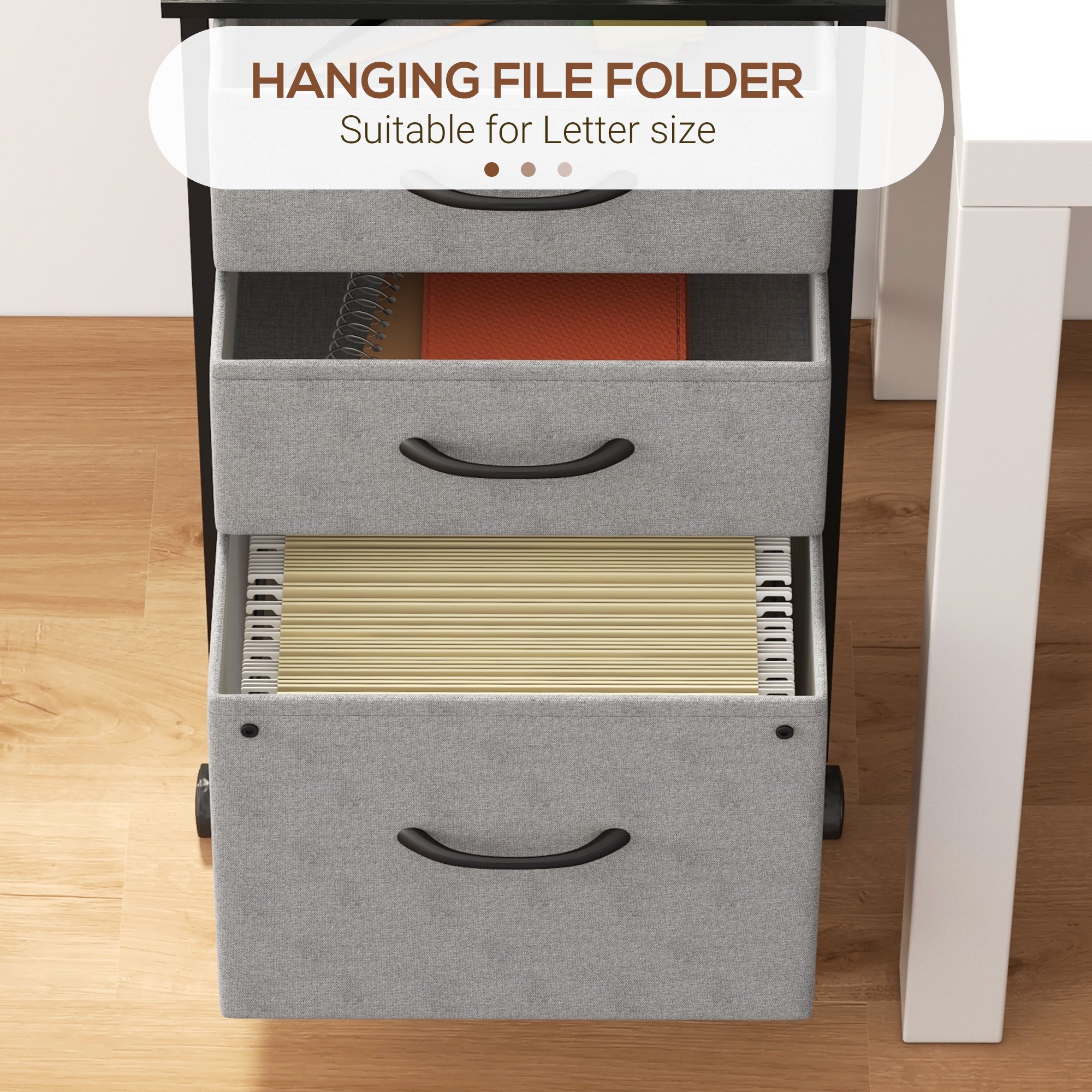 Vinsetto Vertical Filing Cabinet, Mobile File Cabinet with 3 Non-woven Fabric Drawers, Hanging Bars for Letter Size, Industrial Printer Stand for Home Office, Dark Grey