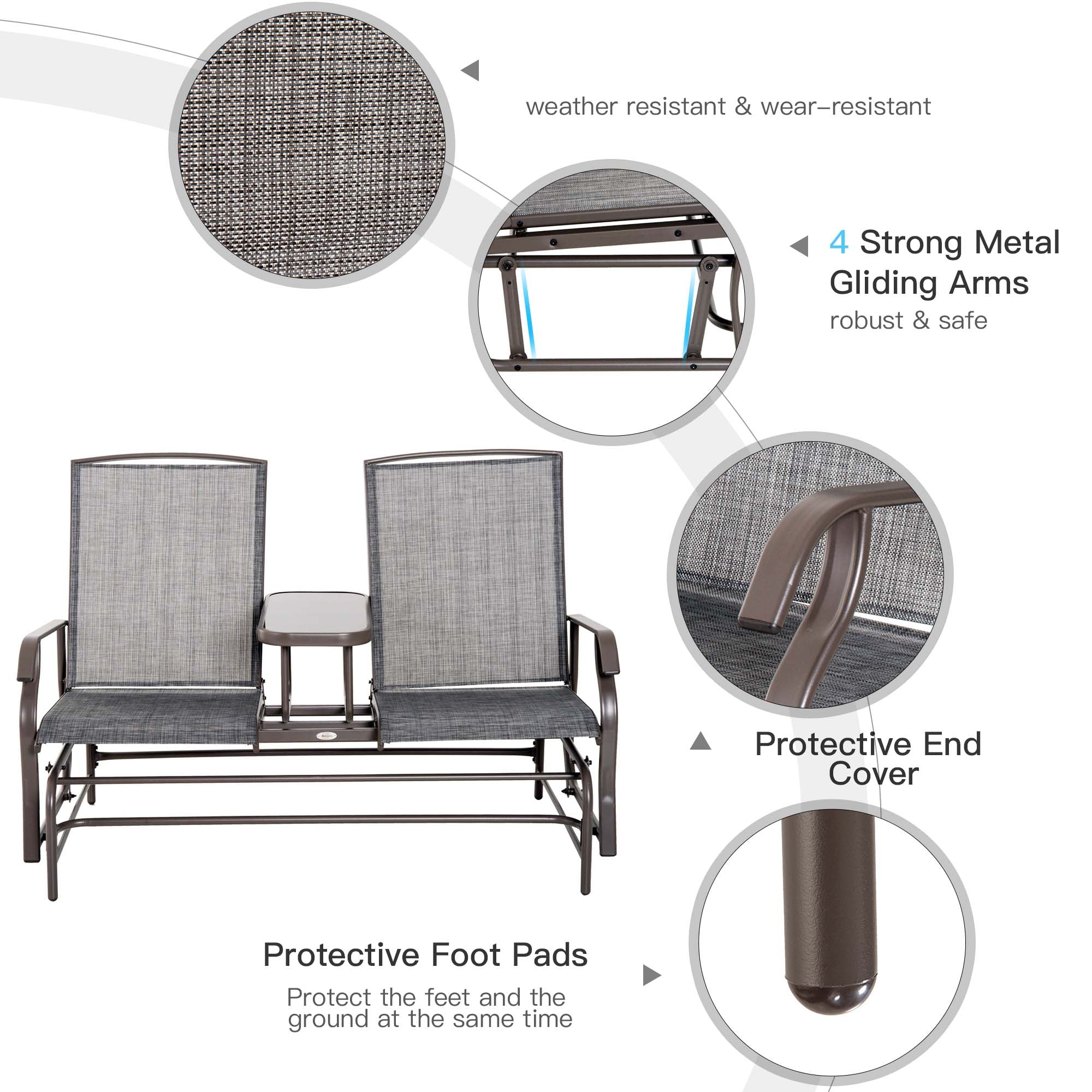 Outsunny Outdoor Glider Bench with Table, Patio Loveseat for 2 Persons, Garden Glider Rocking Chair with Breathable Mesh Fabric, Grey