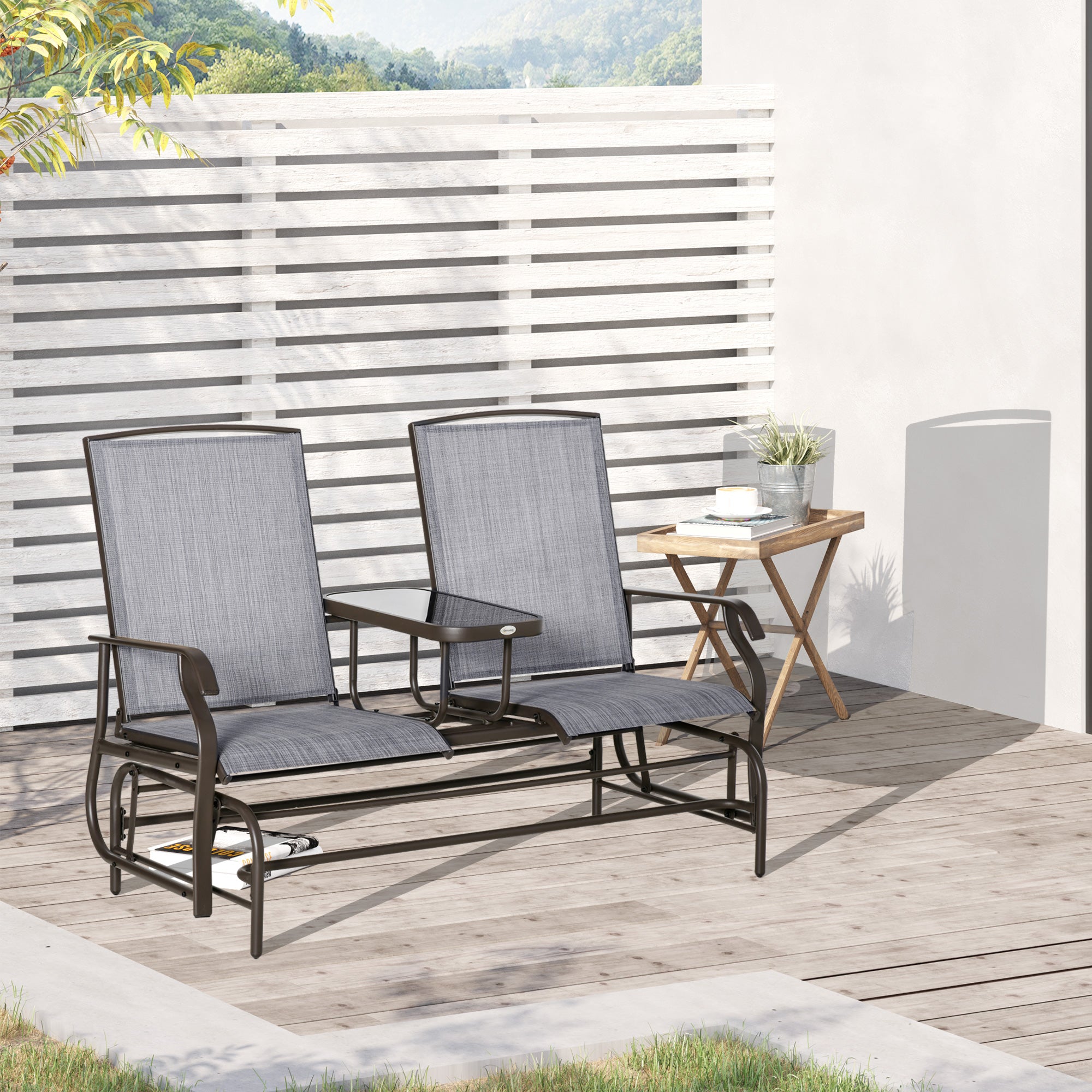 Outsunny Outdoor Glider Bench with Table, Patio Loveseat for 2 Persons, Garden Glider Rocking Chair with Breathable Mesh Fabric, Grey