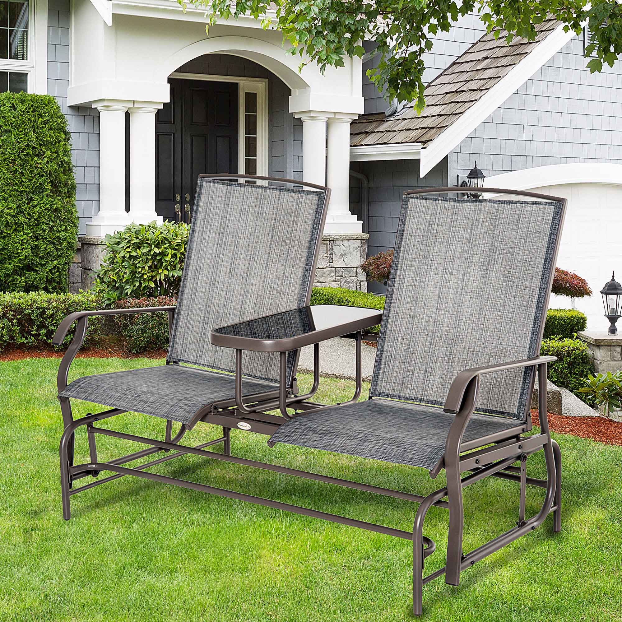 Outsunny Outdoor Glider Bench with Table, Patio Loveseat for 2 Persons, Garden Glider Rocking Chair with Breathable Mesh Fabric, Grey