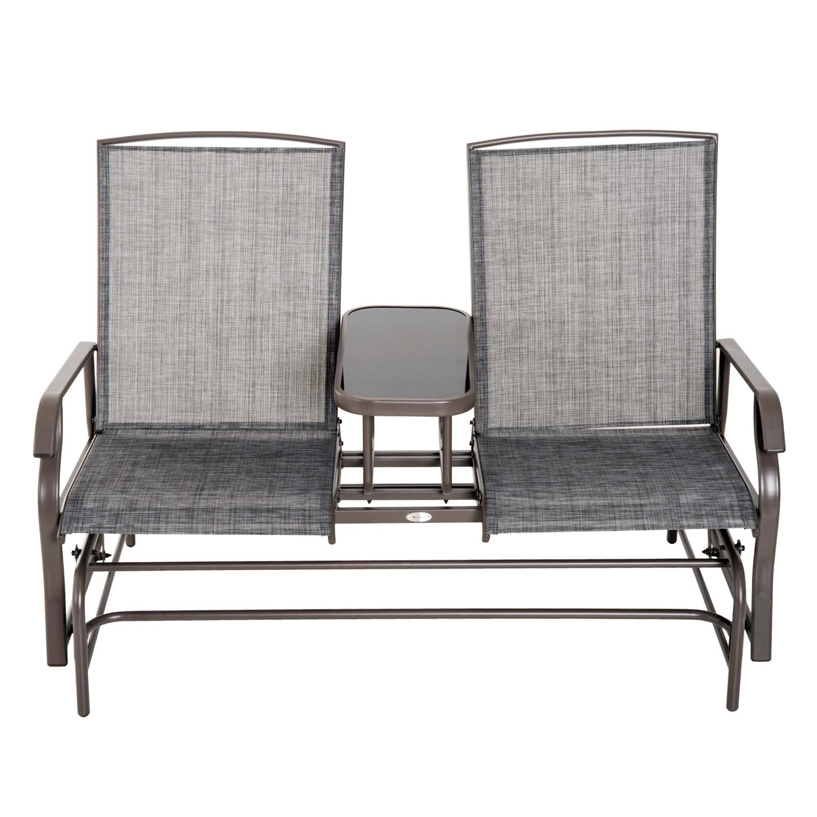 Outsunny Outdoor Glider Bench with Table, Patio Loveseat for 2 Persons, Garden Glider Rocking Chair with Breathable Mesh Fabric, Grey