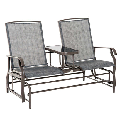 Outsunny Outdoor Glider Bench with Table, Patio Loveseat for 2 Persons, Garden Glider Rocking Chair with Breathable Mesh Fabric, Grey