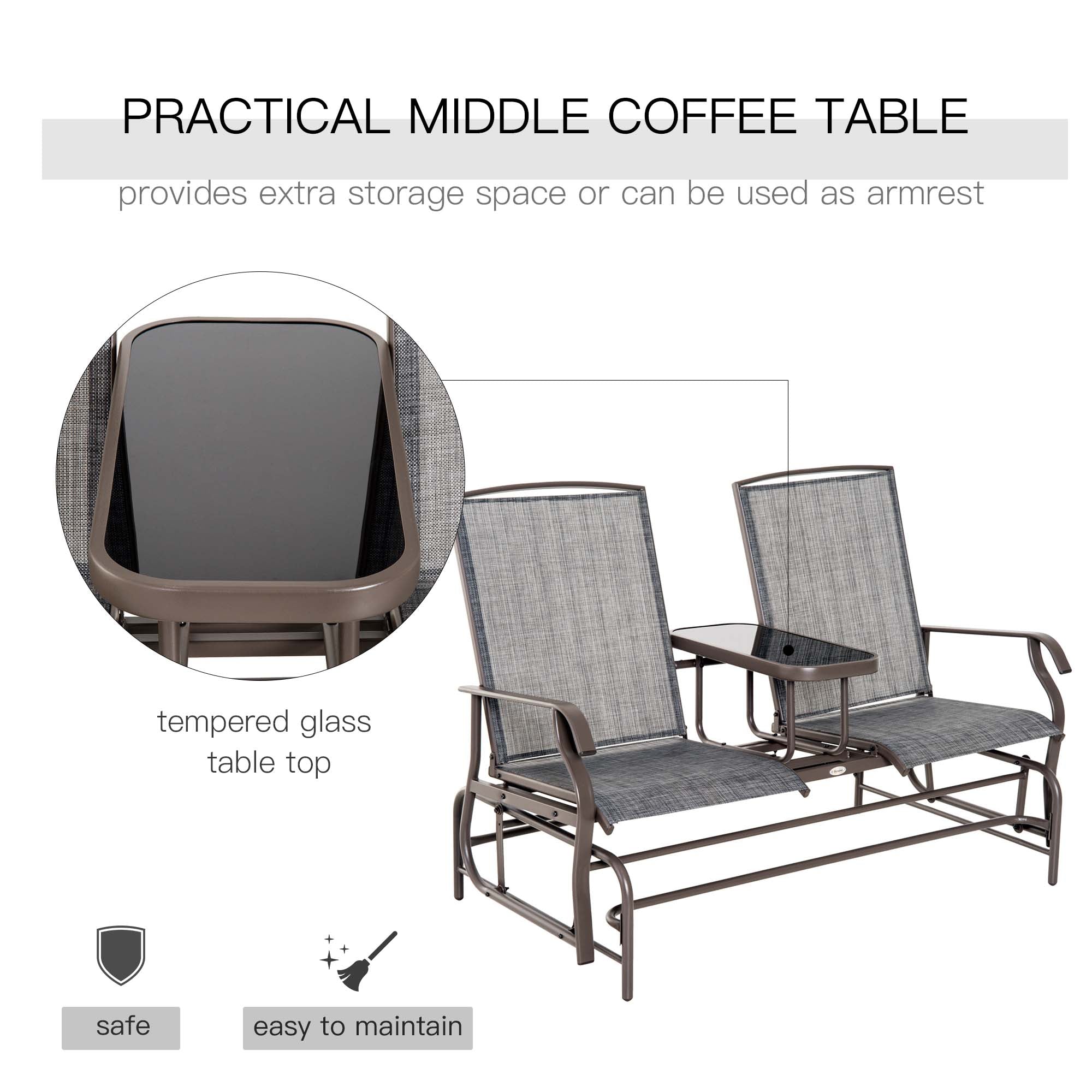 Outsunny Outdoor Glider Bench with Table, Patio Loveseat for 2 Persons, Garden Glider Rocking Chair with Breathable Mesh Fabric, Grey
