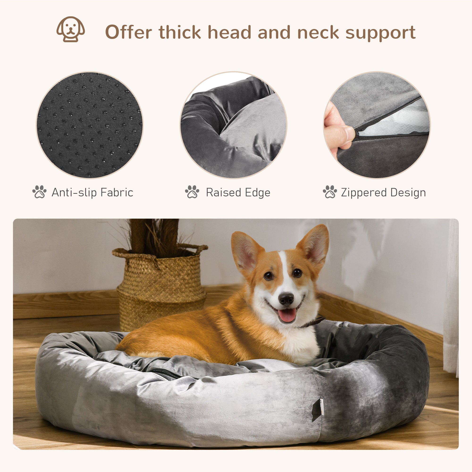 PawHut Pet Bed, Soft Velvet Lounge Sleeper, Machine Washable Cushion, Soft Padding, Zippered Cover, Portable, ​for Large Dogs, Dark Grey