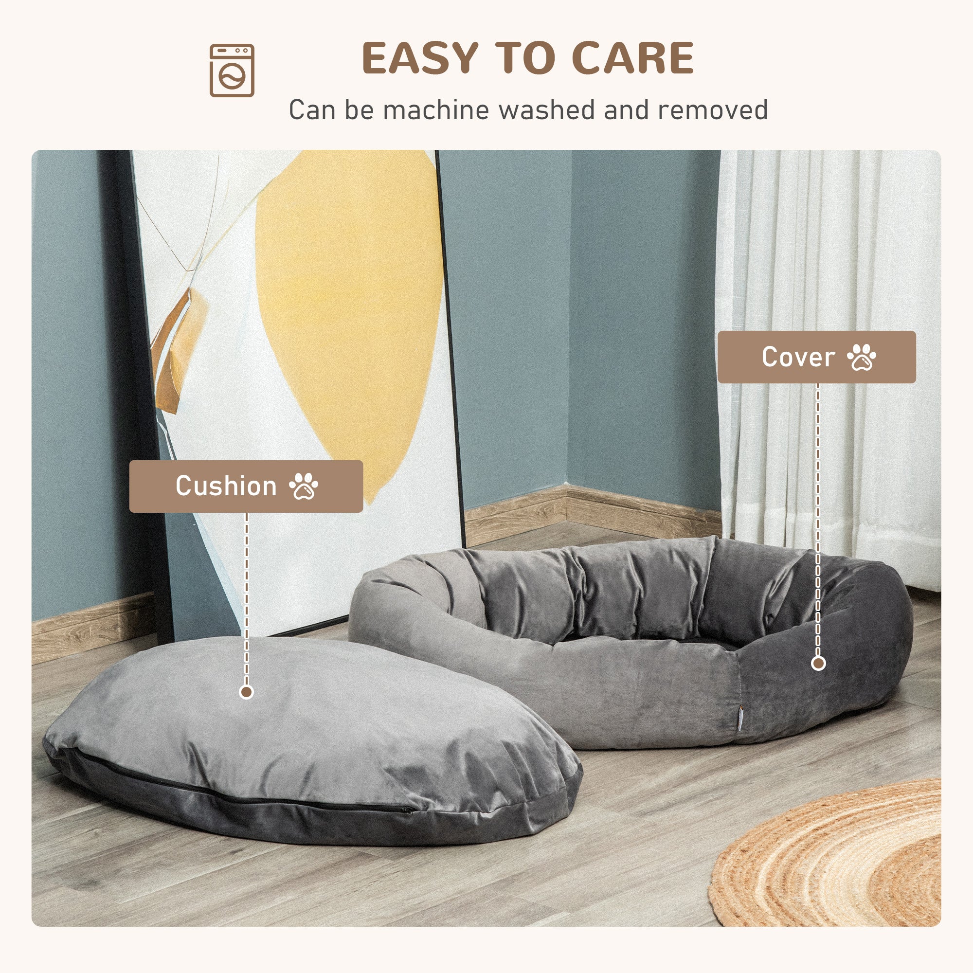 PawHut Pet Bed, Soft Velvet Lounge Sleeper, Machine Washable Cushion, Soft Padding, Zippered Cover, Portable, ​for Large Dogs, Dark Grey