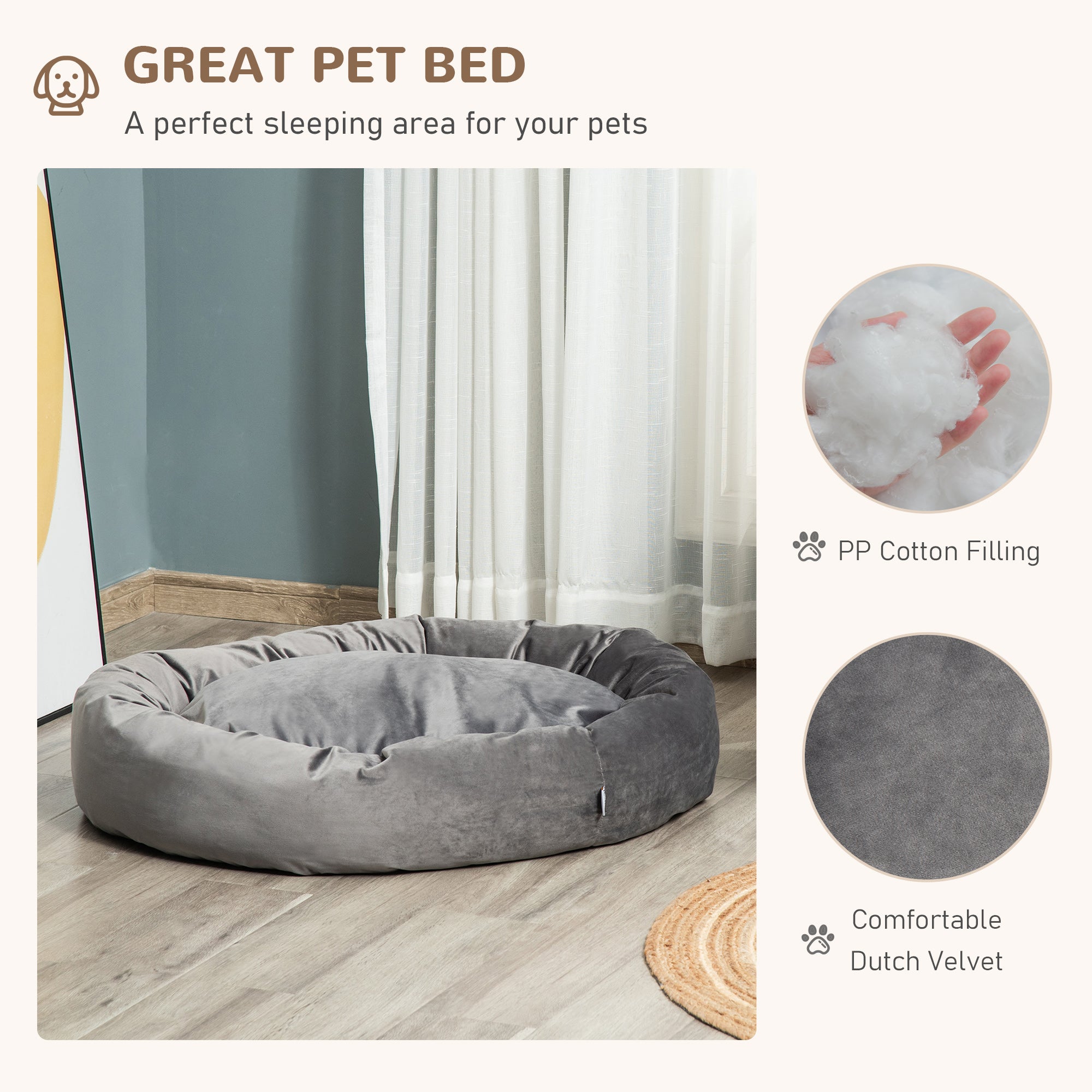 PawHut Pet Bed, Soft Velvet Lounge Sleeper, Machine Washable Cushion, Soft Padding, Zippered Cover, Portable, ​for Large Dogs, Dark Grey