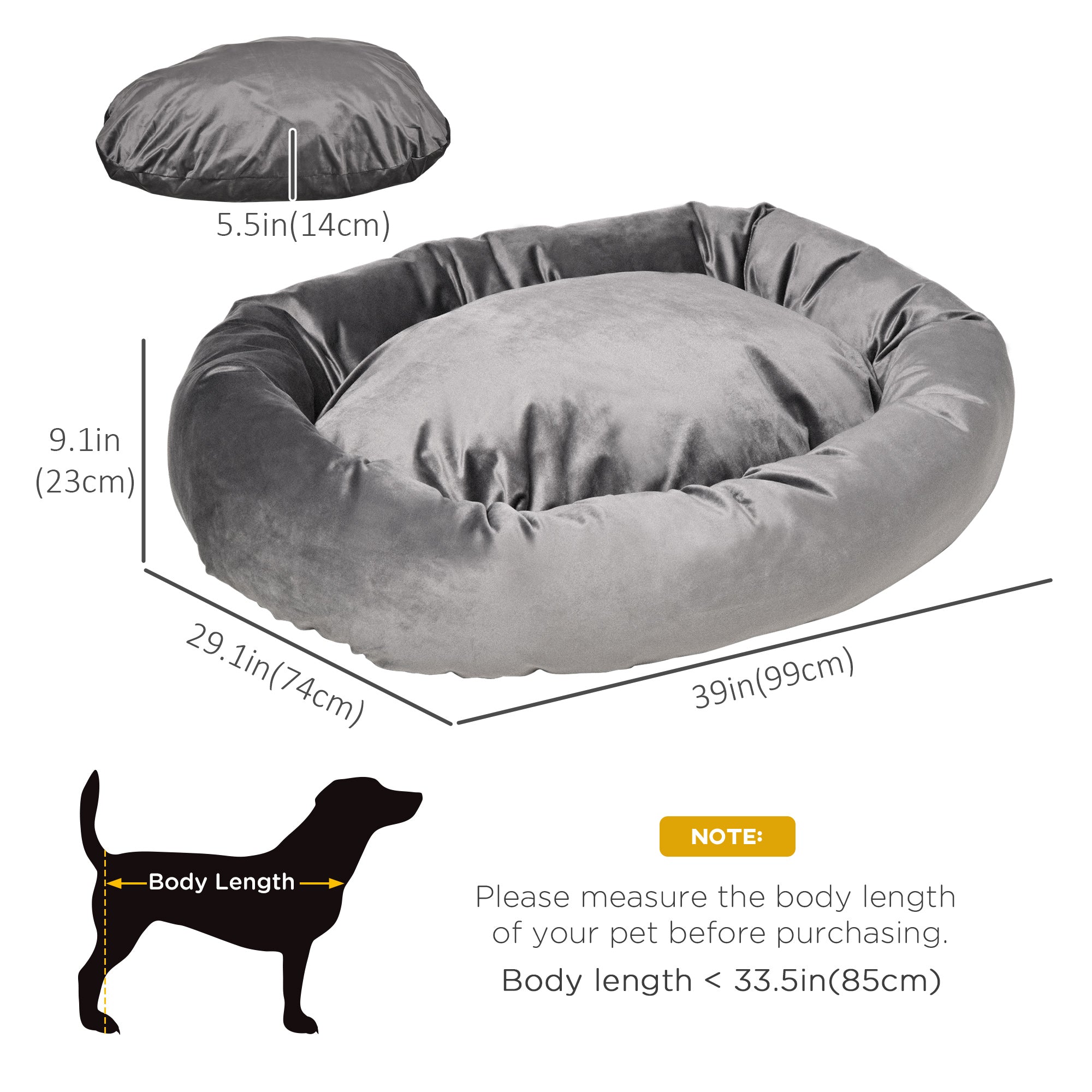 PawHut Pet Bed, Soft Velvet Lounge Sleeper, Machine Washable Cushion, Soft Padding, Zippered Cover, Portable, ​for Large Dogs, Dark Grey