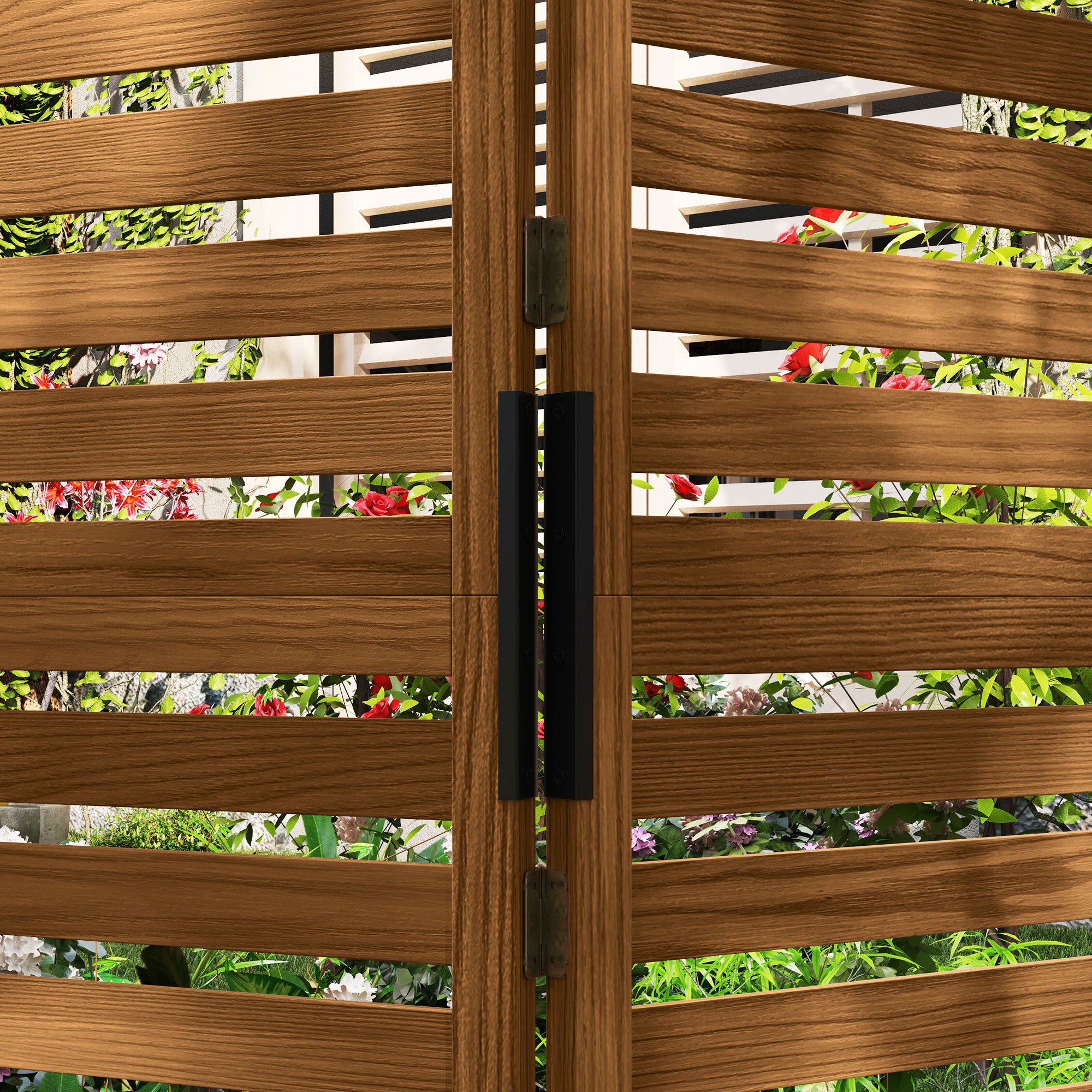 Outsunny Freestanding Outdoor Privacy Screen, 4 Self-Draining Planters / Raised Garden Beds, 3 Hinged Panels for Hot Tub, Patio, Backyard, Deck, Natural