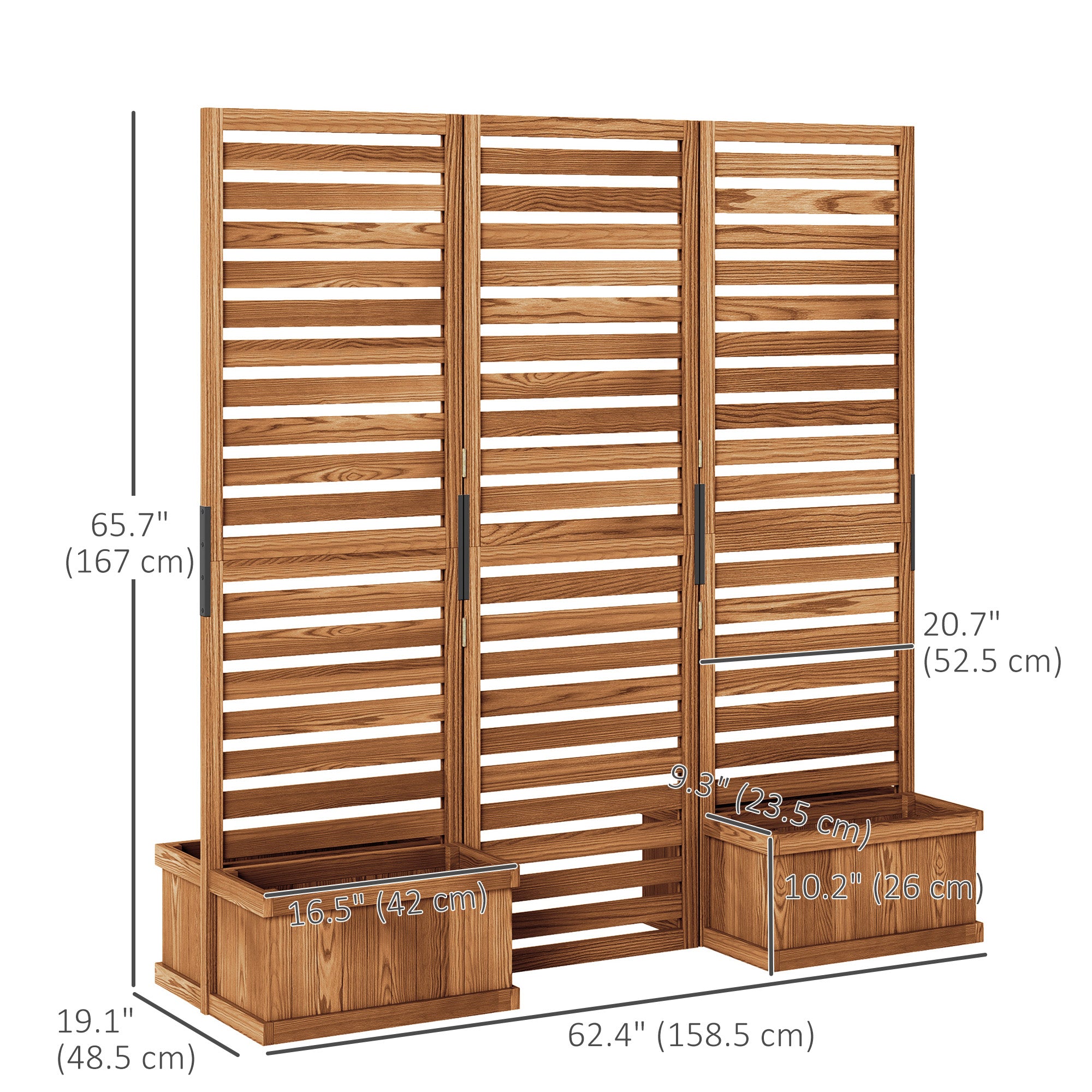 Outsunny Freestanding Outdoor Privacy Screen, 4 Self-Draining Planters / Raised Garden Beds, 3 Hinged Panels for Hot Tub, Patio, Backyard, Deck, Natural