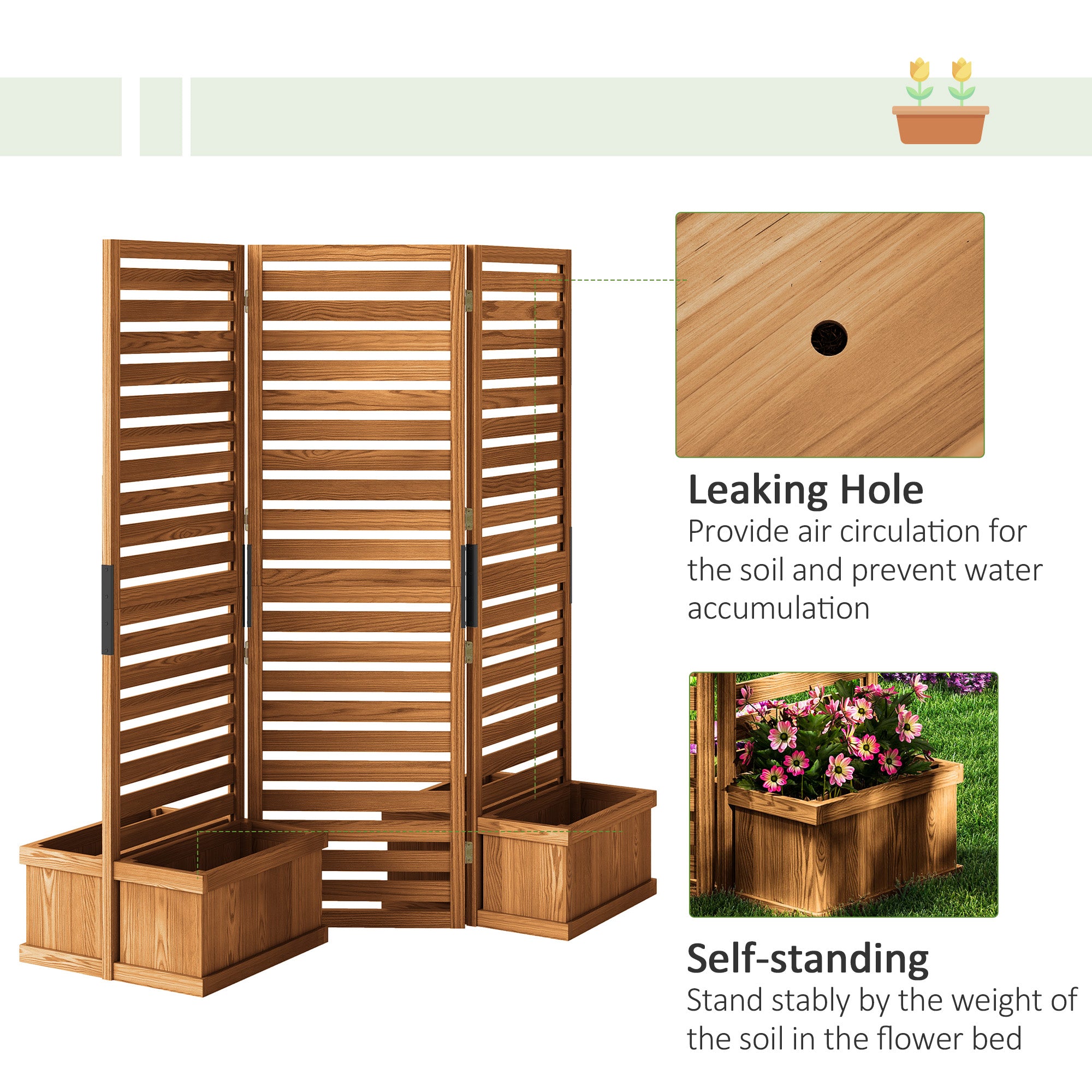 Outsunny Freestanding Outdoor Privacy Screen, 4 Self-Draining Planters / Raised Garden Beds, 3 Hinged Panels for Hot Tub, Patio, Backyard, Deck, Natural
