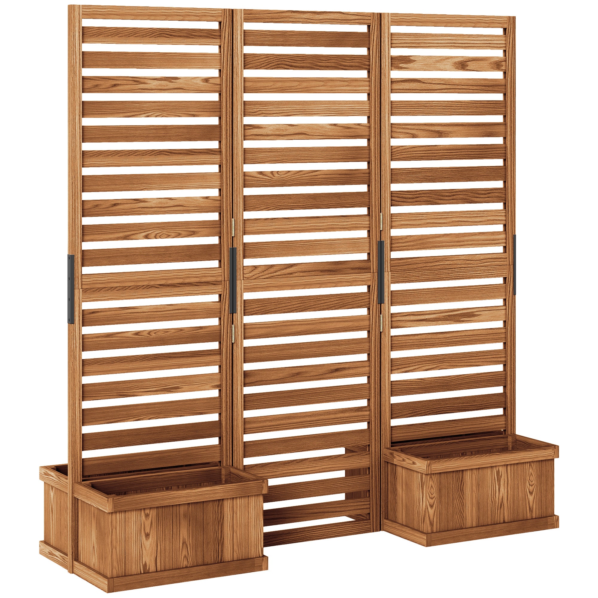 Outsunny Freestanding Outdoor Privacy Screen, 4 Self-Draining Planters / Raised Garden Beds, 3 Hinged Panels for Hot Tub, Patio, Backyard, Deck, Natural