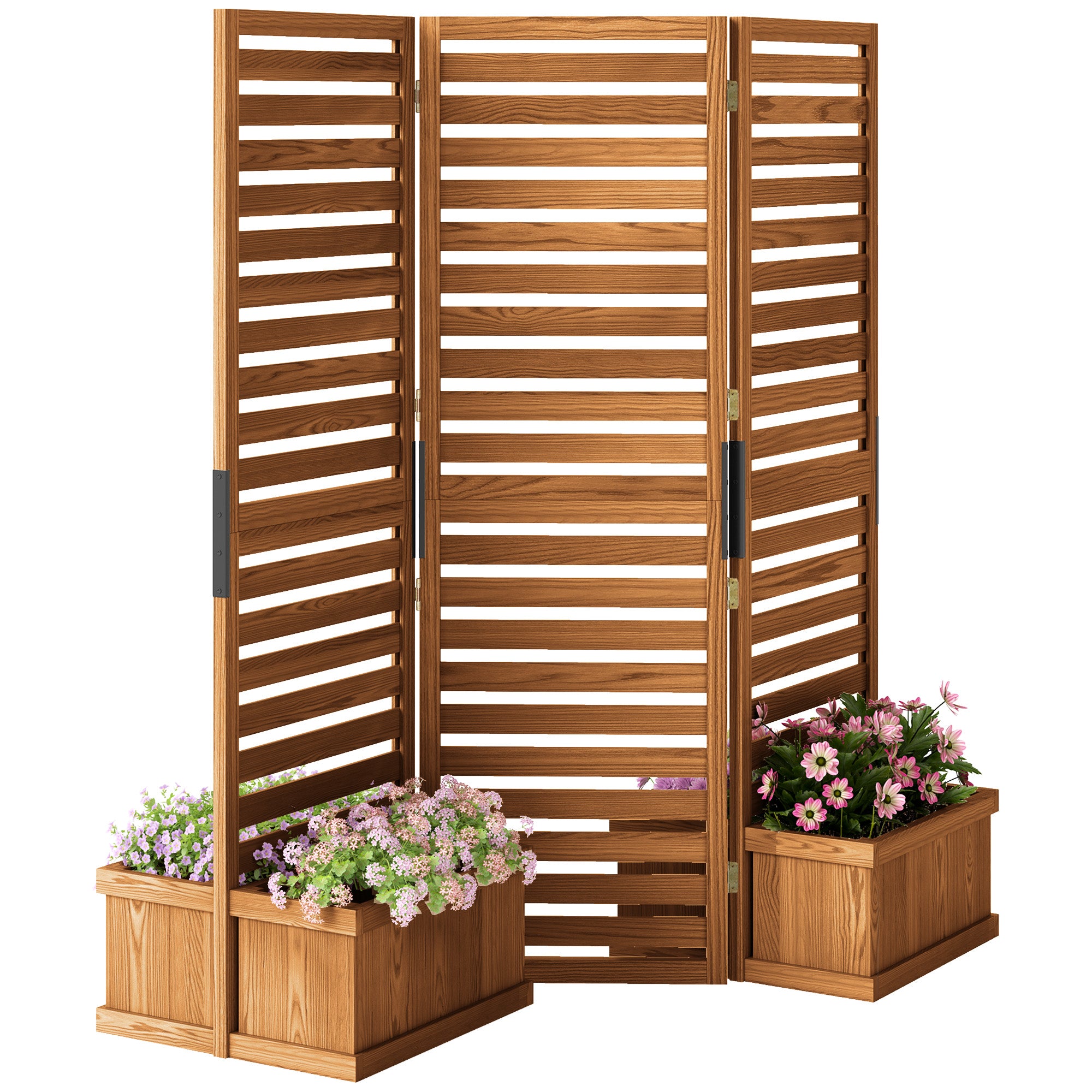 Outsunny Freestanding Outdoor Privacy Screen, 4 Self-Draining Planters / Raised Garden Beds, 3 Hinged Panels for Hot Tub, Patio, Backyard, Deck, Natural