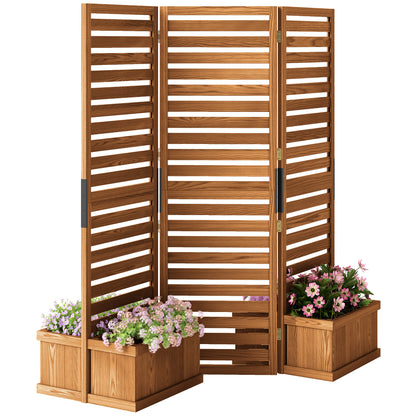 Outsunny Freestanding Outdoor Privacy Screen, 4 Self-Draining Planters / Raised Garden Beds, 3 Hinged Panels for Hot Tub, Patio, Backyard, Deck, Natural