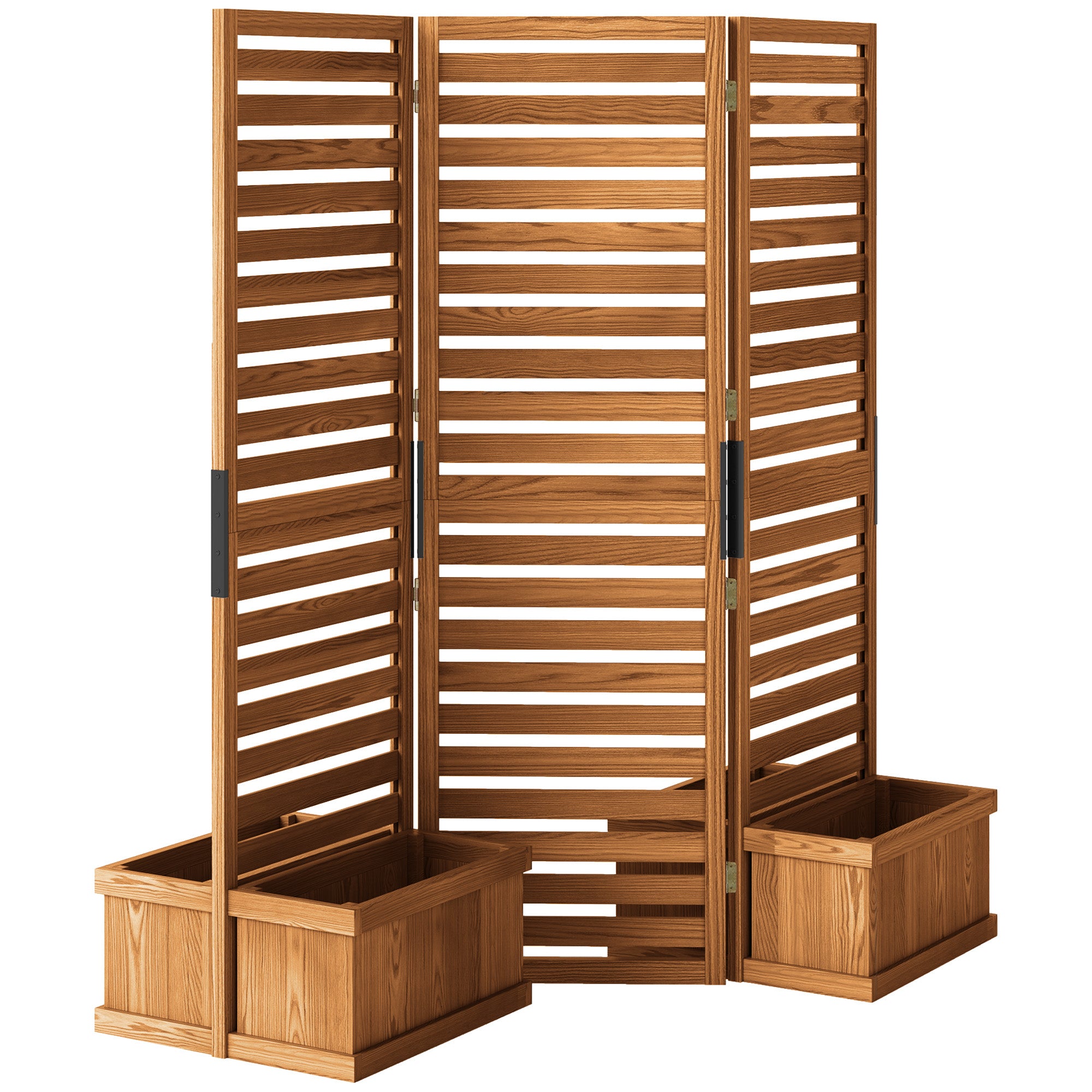 Outsunny Freestanding Outdoor Privacy Screen, 4 Self-Draining Planters / Raised Garden Beds, 3 Hinged Panels for Hot Tub, Patio, Backyard, Deck, Natural