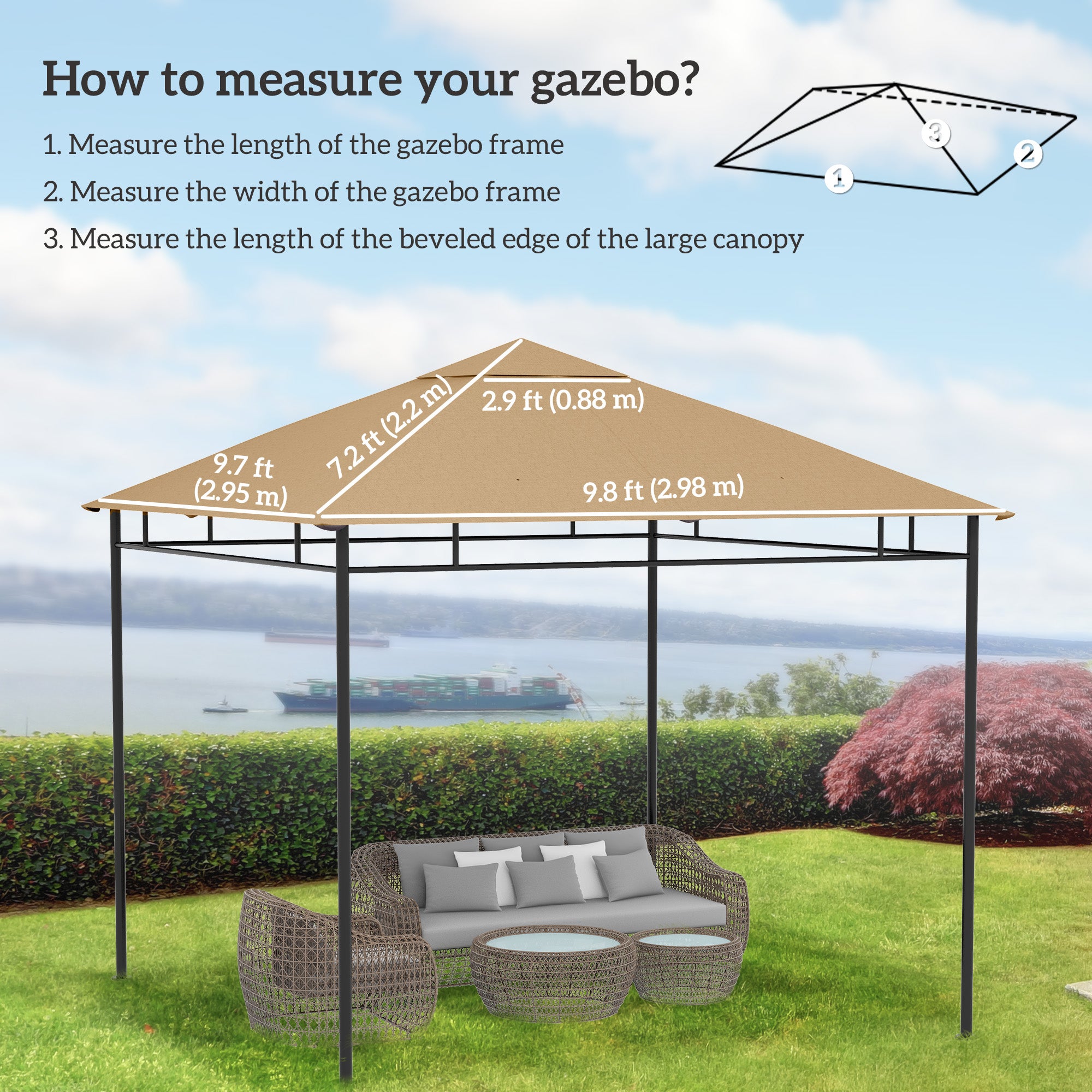Outsunny 9.8' x 9.7' Square Gazebo Canopy Replacement UV Protected Top Cover Sun Shade Beige