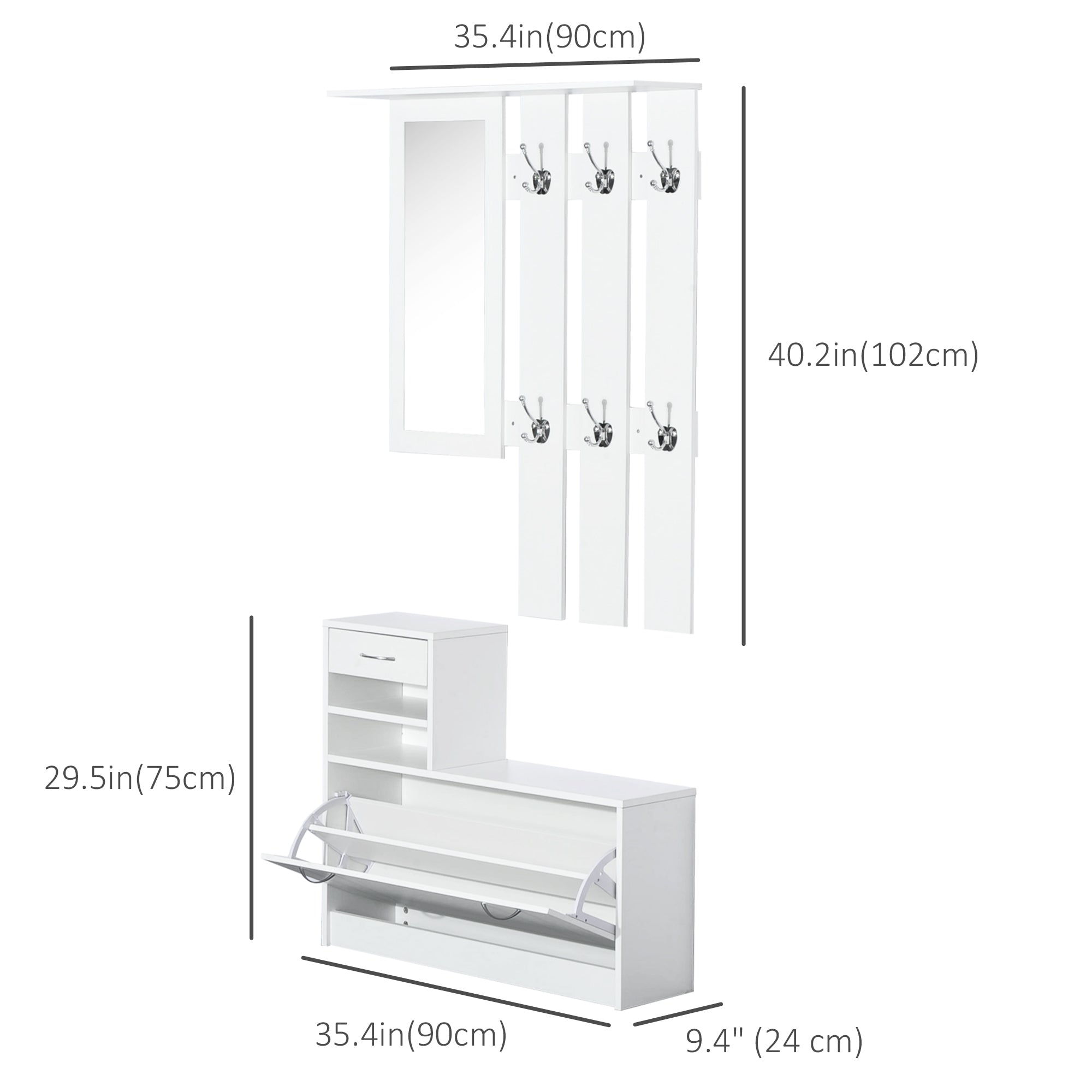 HOMCOM Entryway Organizer Unit, 3 In 1 Design Hall Tree with 6 Hooks, Mirror, Coat Rack Shoe Storage Shelf with Coat Hanger for Hallway Living Room White