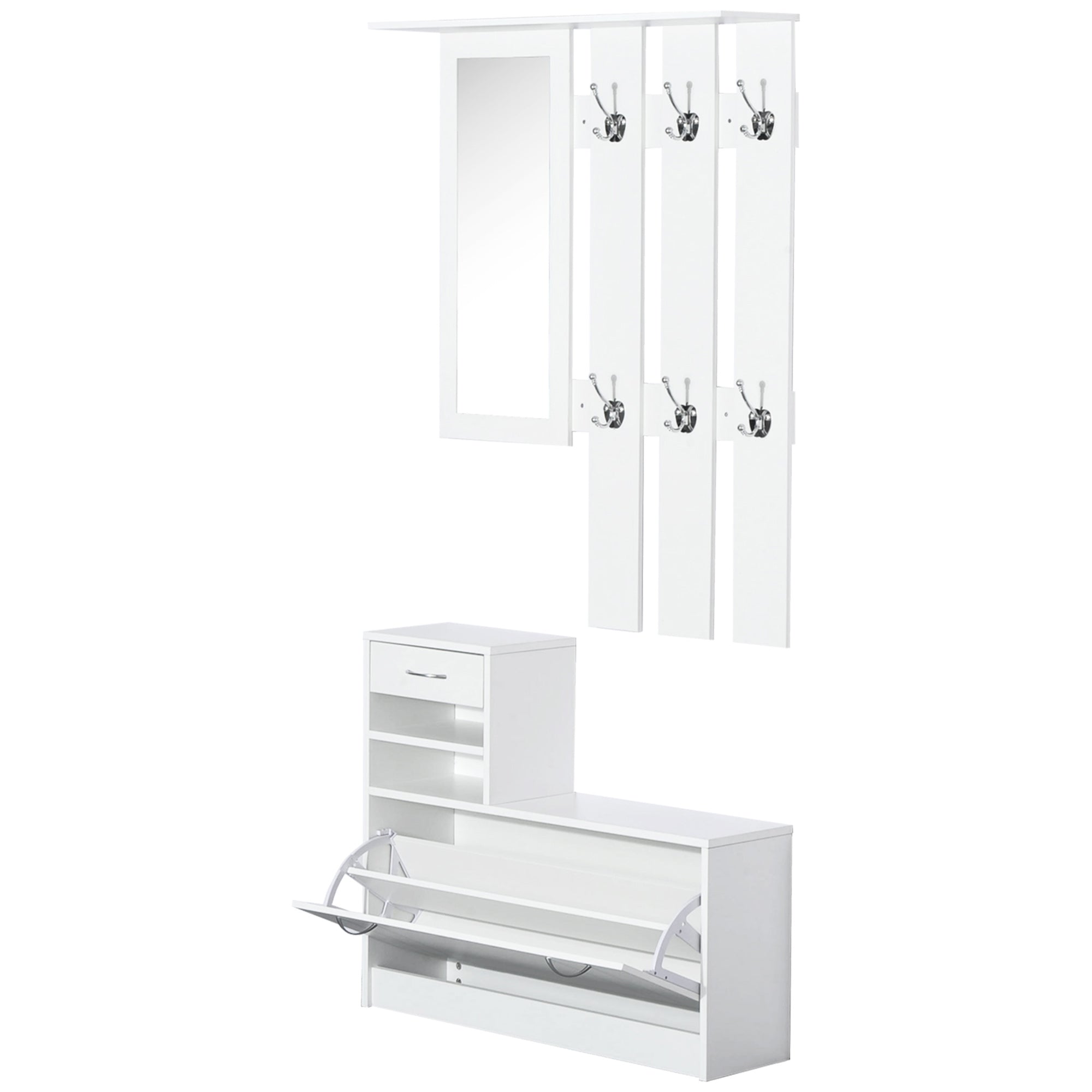 HOMCOM Entryway Organizer Unit, 3 In 1 Design Hall Tree with 6 Hooks, Mirror, Coat Rack Shoe Storage Shelf with Coat Hanger for Hallway Living Room White