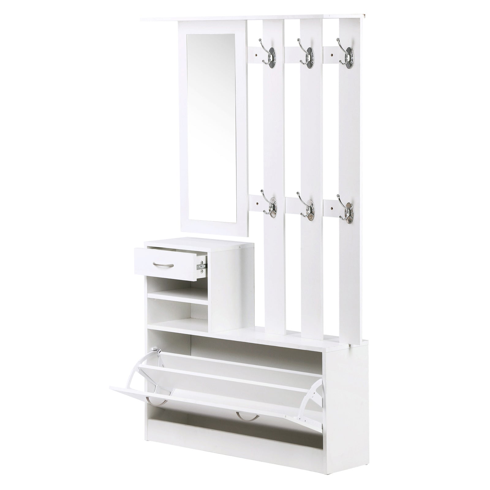 HOMCOM Entryway Organizer Unit, 3 In 1 Design Hall Tree with 6 Hooks, Mirror, Coat Rack Shoe Storage Shelf with Coat Hanger for Hallway Living Room White