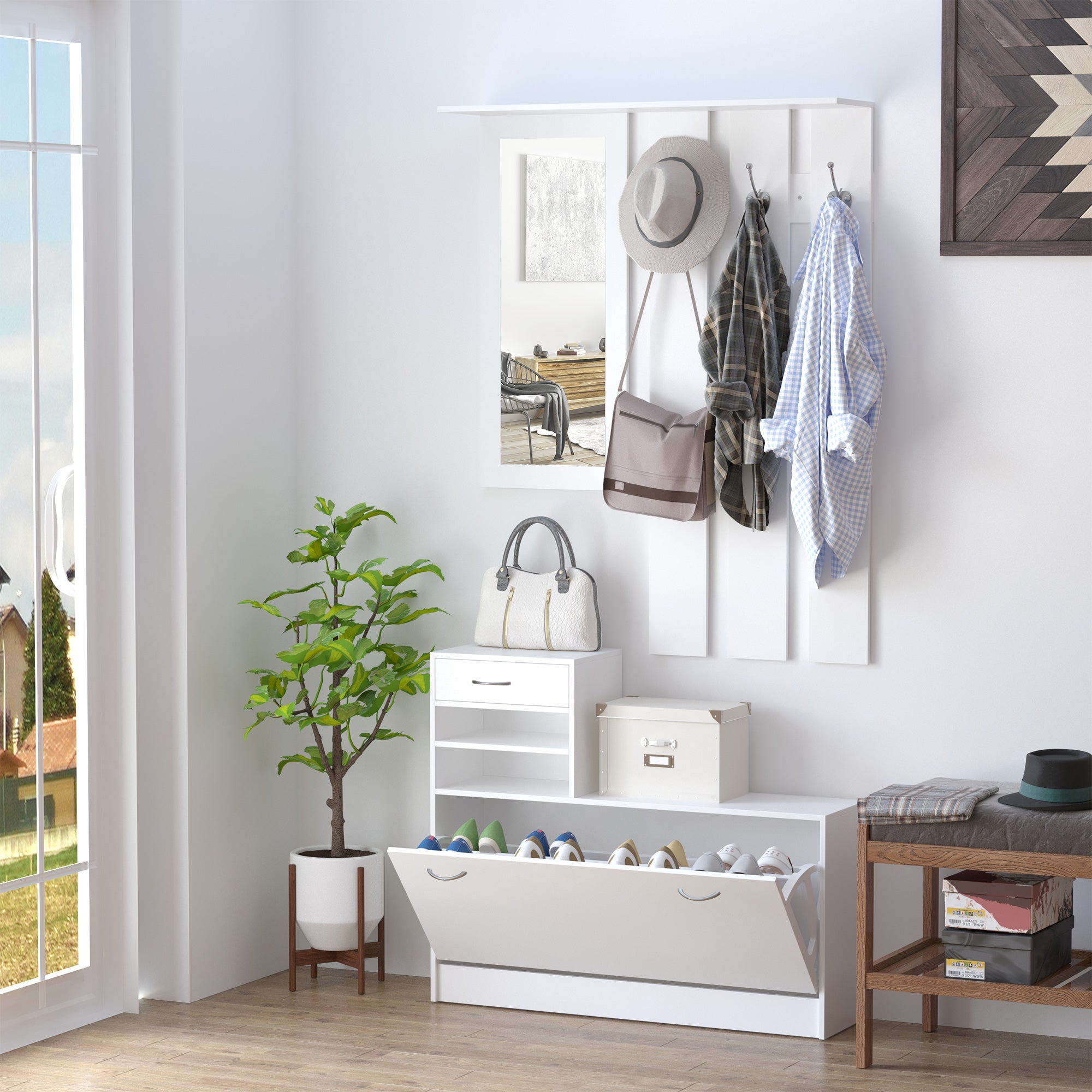 HOMCOM Entryway Organizer Unit, 3 In 1 Design Hall Tree with 6 Hooks, Mirror, Coat Rack Shoe Storage Shelf with Coat Hanger for Hallway Living Room White